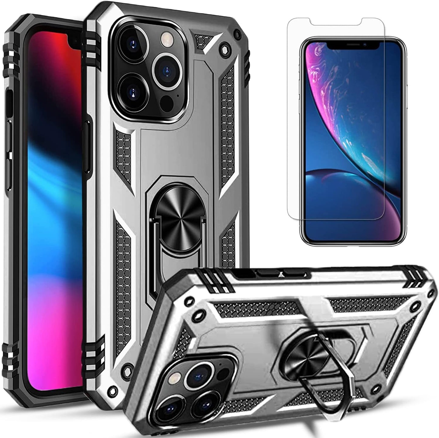 Iphone 12 Pro Max Phone Case, with [Tempered Glass Screen Protector Included] STARSHOP Military Grade Dual Layers Shockproof Drop Protective with Built-In 360° Rotate Metal Ring Kickstand - Black  STARSHOP Silver Iphone 12 Pro Max 