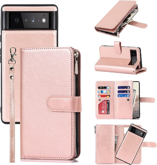 Jaorty Compatible with Google Pixel 6 Wallet Case,[6 Card Slots] [Wrist Strap] [Stand Feature] Detachable 2 in 1 Magnetic Zipper Leather Cover Case for Google Pixel 6,6.4" Rosegold  Jaorty   