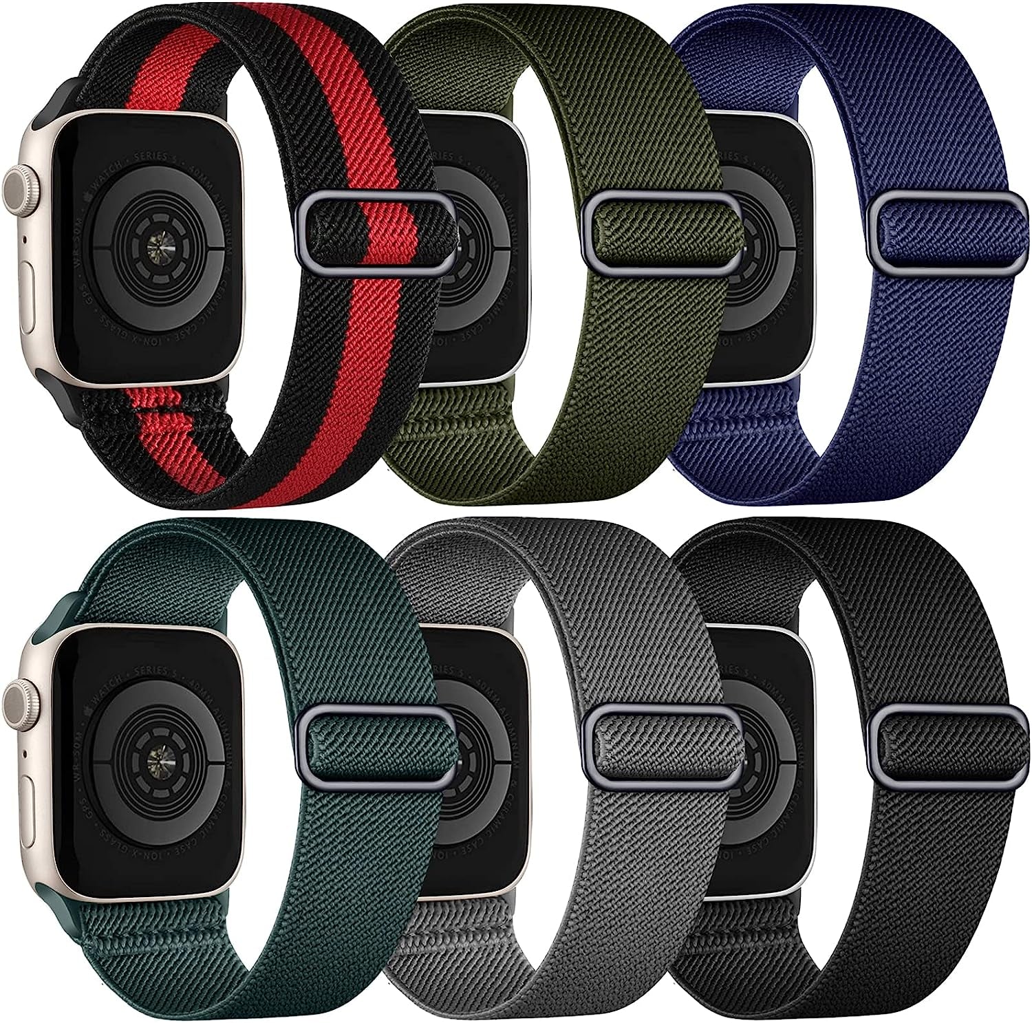 WJK Stretchy Nylon Solo Loop Bands Compatible with Apple Watch 38Mm 40Mm 41Mm 42Mm 44Mm 45Mm 49Mm for Women Men, Adjustable Braided Sport Elastic Wristbands for Iwatch Ultra SE Series 8 7 6 5 4 3 2 1, 6 Packs  WJK Dark Bule/Black/Army Green/Gray/Dark Green/Black-Red 38mm/40mm/41mm 