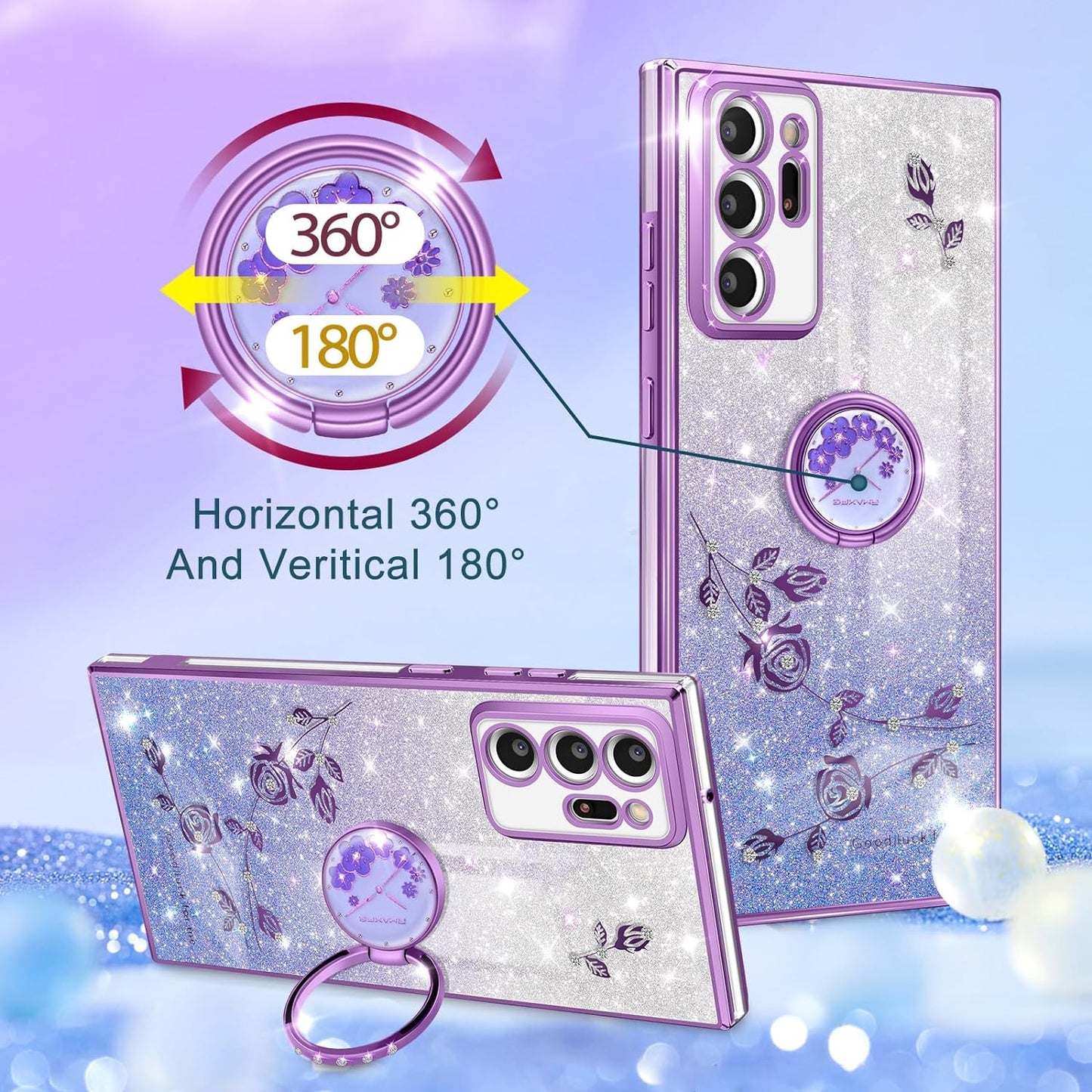 Coralogo (3In1 for Samsung Galaxy Note 20 Ultra Case Glitter Sparkly for Women Girls Bling Shiny Phone Cover Cute Flowers Floral Design with Ring Pretty Purple Cases for Galaxy Note 20 Ultra 5G 6.9''  Coralogo   