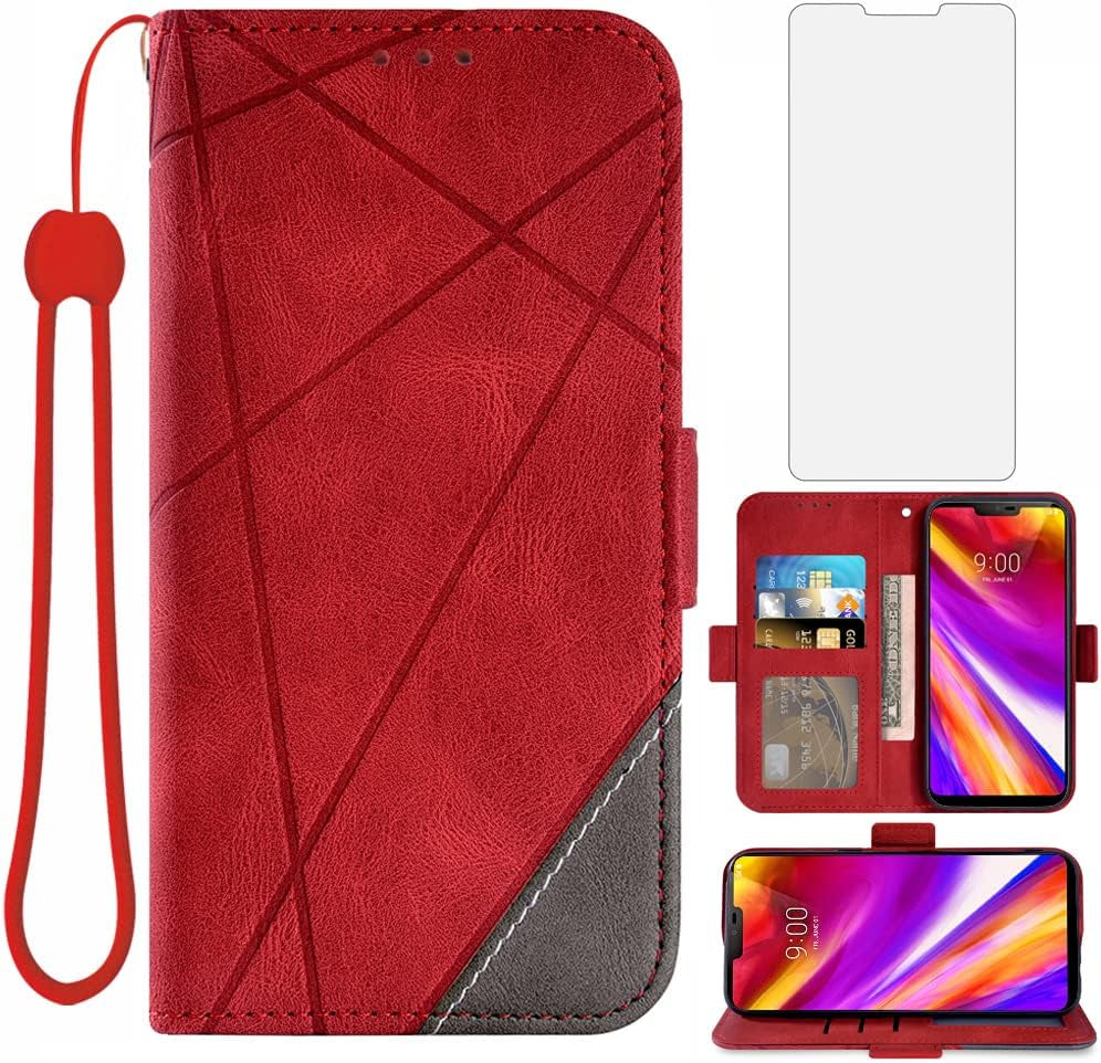 Asuwish Compatible with LG G7 Thinq Wallet Case and Tempered Glass Screen Protector Flip Cover Card Holder Cell Phone Cases for LGG7 One G 7 plus LG7 Fit Lg7Thinq 7G Thin Q G7+ G7Thinq Lgg7Thinq Black  Asuwish Red  