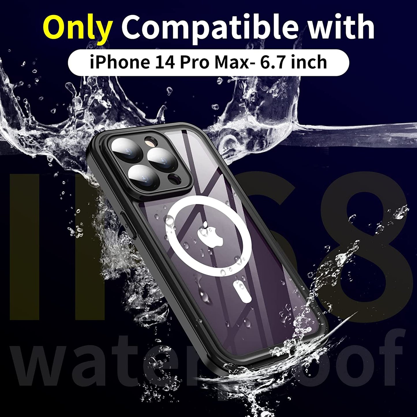 MOZOTER for Iphone 14 Pro Max Case Waterproof,Built-In 9H Tempered Glass Screen Protector [Real 360][IP68 Underwater][14Ft Military Dropproof][Dustproof][Compatible with Magsafe] - Black/Clear  MOZOTER   