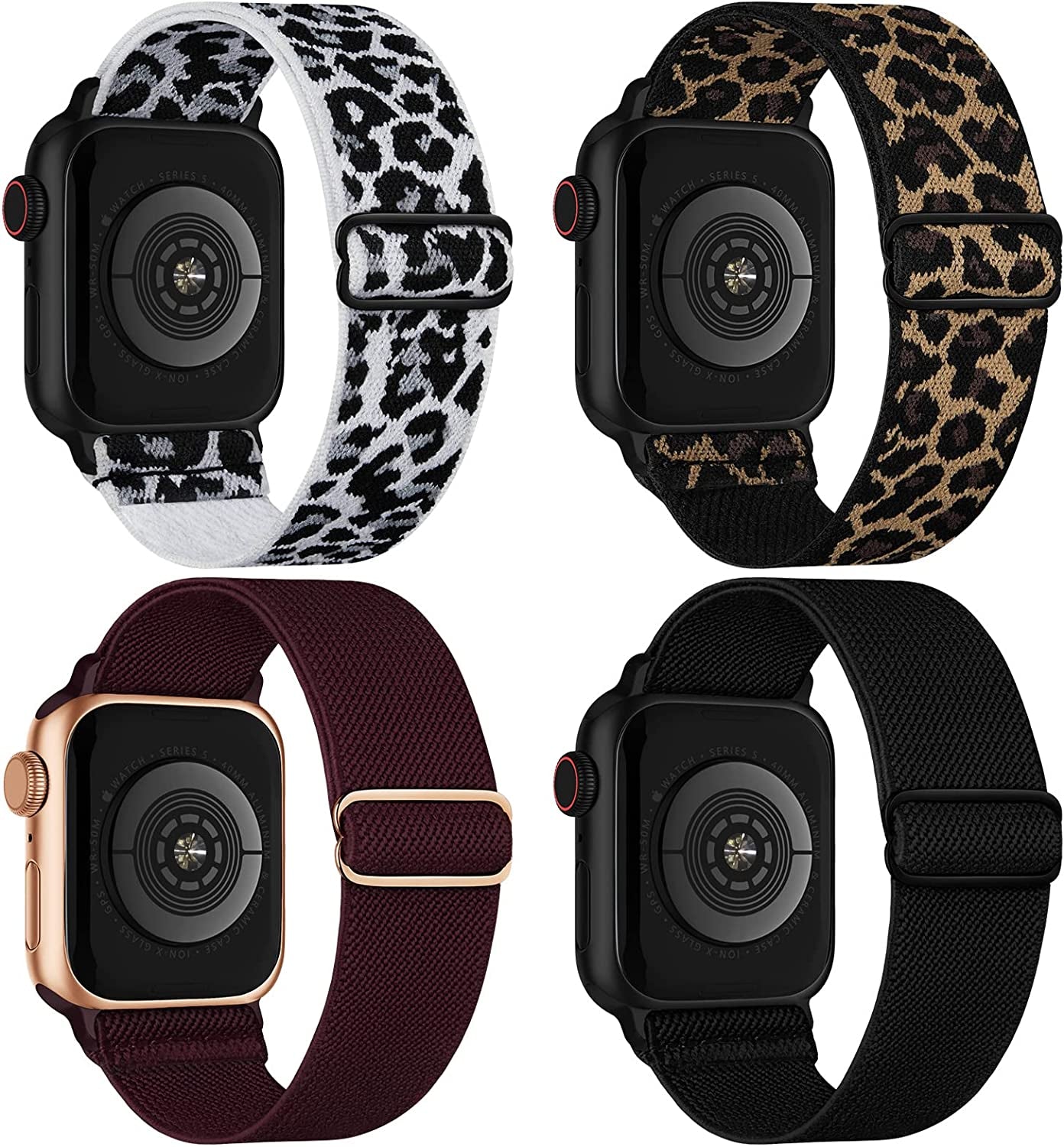 Stretchy Nylon Solo Loop Compatible with Apple Watch Band 38Mm 40Mm 41Mm 42Mm 44Mm 45Mm 49Mm Series 8/7/6/5/4/3/2/1/Se/Ultra  CCnutri Black/Wine/White-Leopard/Leopard 42mm/44mm/45mm/49mm 