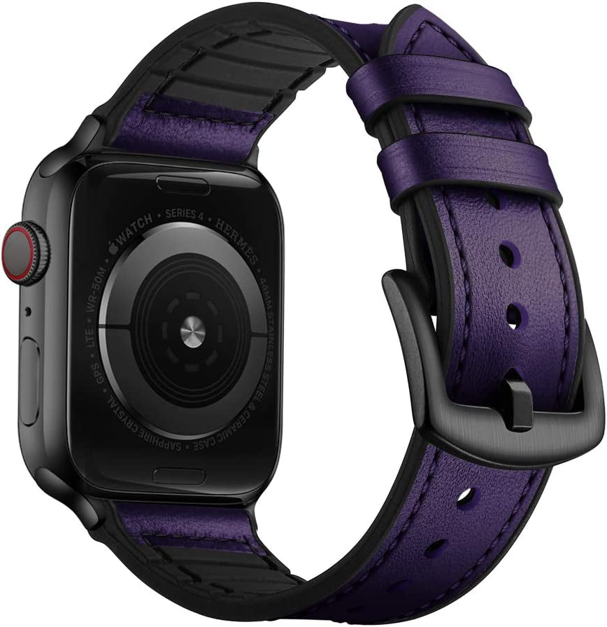 OUHENG Compatible with Apple Watch Band 49Mm 45Mm 44Mm 42Mm, Sweatproof Genuine Leather and Rubber Hybrid Band Strap for Iwatch Ultra Series 8 7 6 5 4 3 2 1 SE2 SE, Brown Band with Black Adapter  OUHENG Purple/Black 49mm/45mm/44mm/42mm 