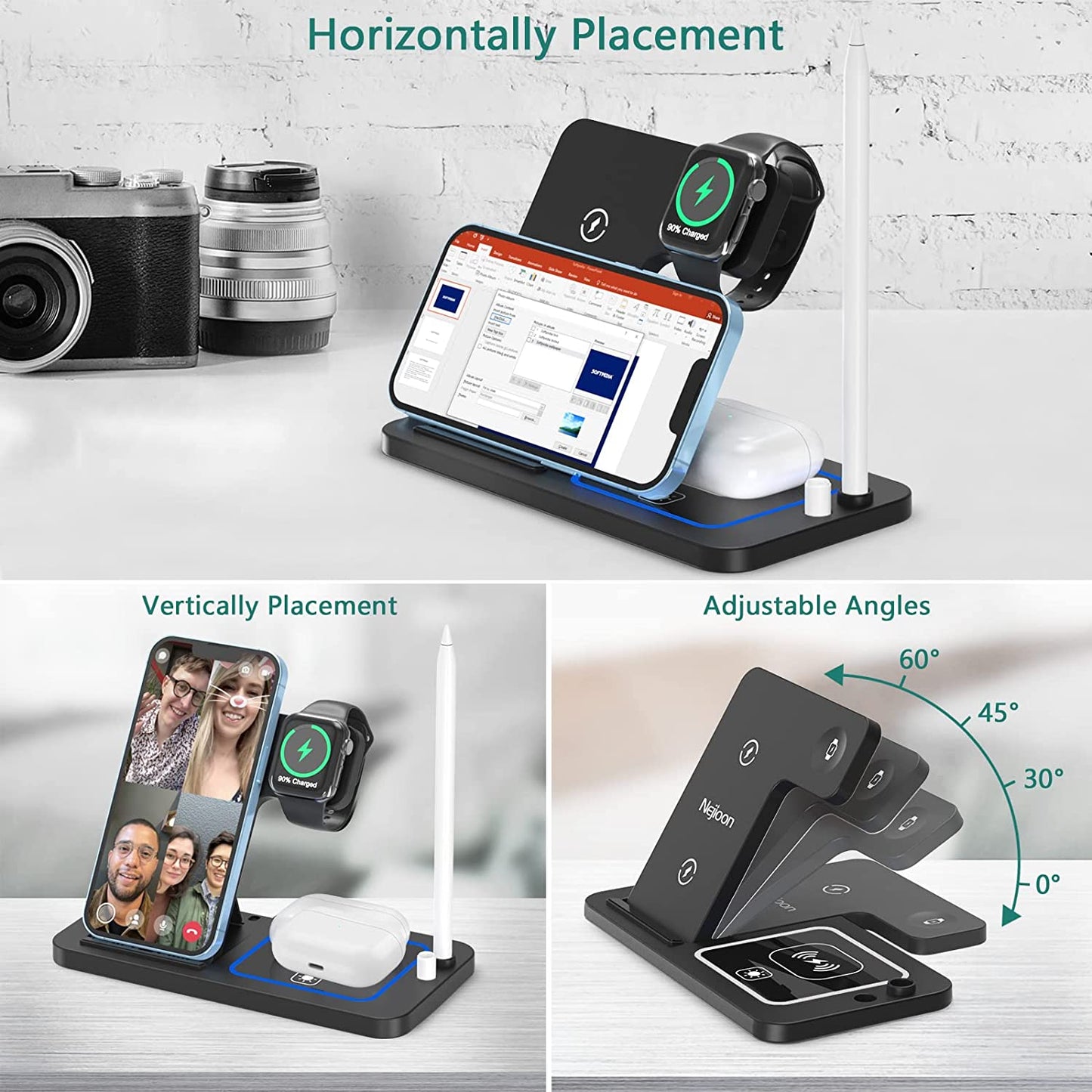 Wireless Charging Station for Apple Multiple Devices - 4 in 1 Charger Station Stand Dock for Apple Watch Series 7 6 SE 5 4 3 2 & Airpods Apple Pencil Iphone 13 12 11 Pro X XR 8 Iwatch with Adapter  Popveen   