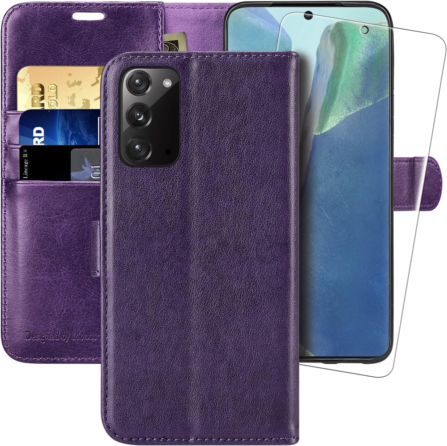 MONASAY Galaxy Note 20 5G Wallet Case, 6.7 Inch, [Included Screen Protector][Rfid Blocking] Flip Folio Leather Cell Phone Cover with Credit Card Holder for Samsung Galaxy Note 20 5G, Black  MONASAY Purple  