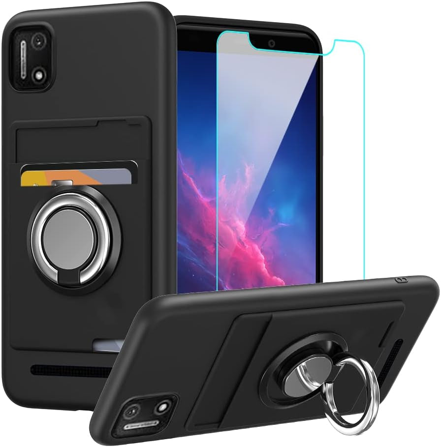 Anneey for Oneplus 11 5G Phone Case with Tempered Glass Screen Protector, Card Holder with Ring Stand Case for 1+ 11 5G Cover - Black  Anneey   