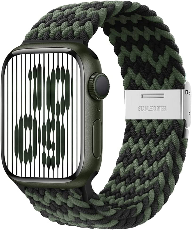 Qimela Compatible with Apple Watch Band 49Mm 45Mm 44Mm 42Mm,Stretchy Sport Solo Loop Strap with Adjustable Buckle,Elastic Nylon Braided Wristband for Iwatch Series 8 7 6 SE 5 4 3 2 1 Ultra,Women Men  FS-TECH Black/Green 42mm/44mm/45mm/49mm 