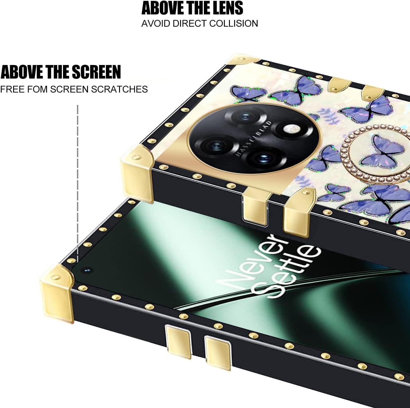 Kudini for Oneplus 11 Phone Case, Oneplus 11 5G Case for Women, Cute Square Glitter Girly Bling Stylish Retro Shock Soft TPU Protective Cover with Ring Kickstand for Oneplus 11 5G (Purple Butterfly)  KuDiNi   