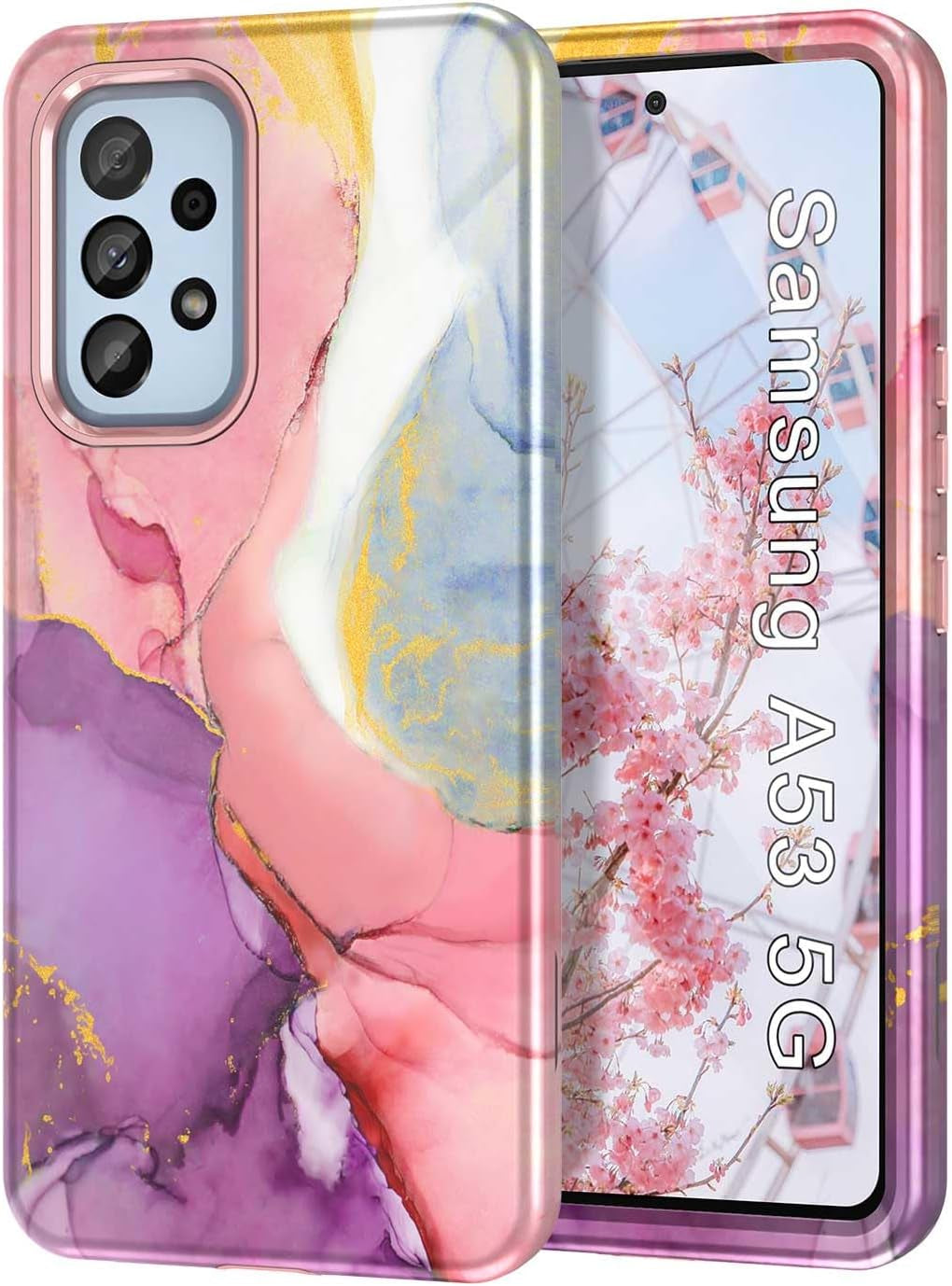 Btscase for Samsung Galaxy A53 5G Case, Marble Pattern 3 in 1 Heavy Duty Shockproof Full Body Rugged Hard Pc+Soft Silicone Drop Protective Women Girl Cover for Samsung Galaxy A53 5G,Drift Sand/Purple  Btscase Pink Purple  