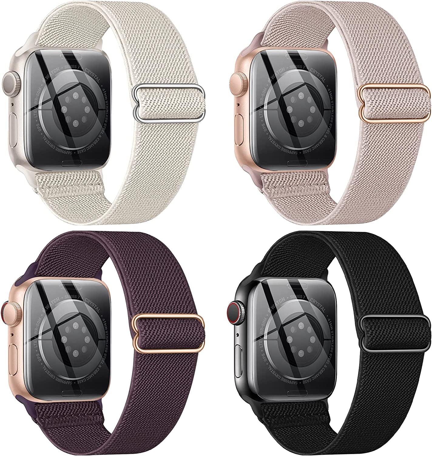 CTYBB 4 Pack Stretchy Nylon Solo Loop Bands Compatible with Apple Watch 40Mm 38Mm 44Mm 49Mm 45Mm 42Mm 41Mm, Adjustable Braided Elastic Sport Straps Womens Men Wristbands for Iwatch Series 8 7 6 5 4 3 2 1 SE Ultra  CTYBB Black/Starlight/Milk Tea/Dark Cherry 41mm/40mm/38mm 