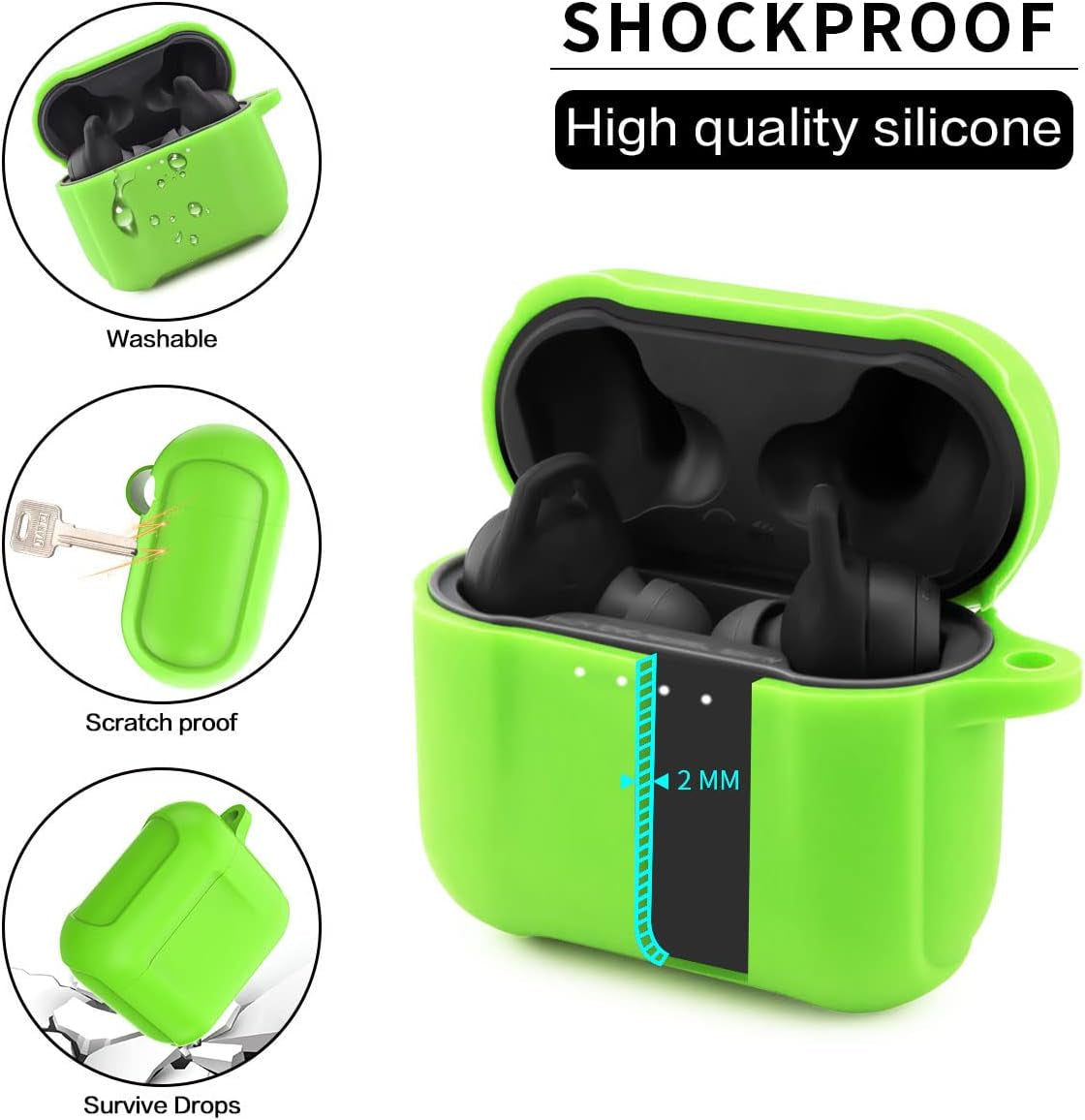 Silicone Cover for Skull Candy Indy Evo Case 【Luminous Green】, Anti-Lost & Shockproof Protective Case for Skull Candy Indy EVO True Wireless Earbuds with Keychain (Visible Front LED) (NOT for Indy)  WQNIDE   