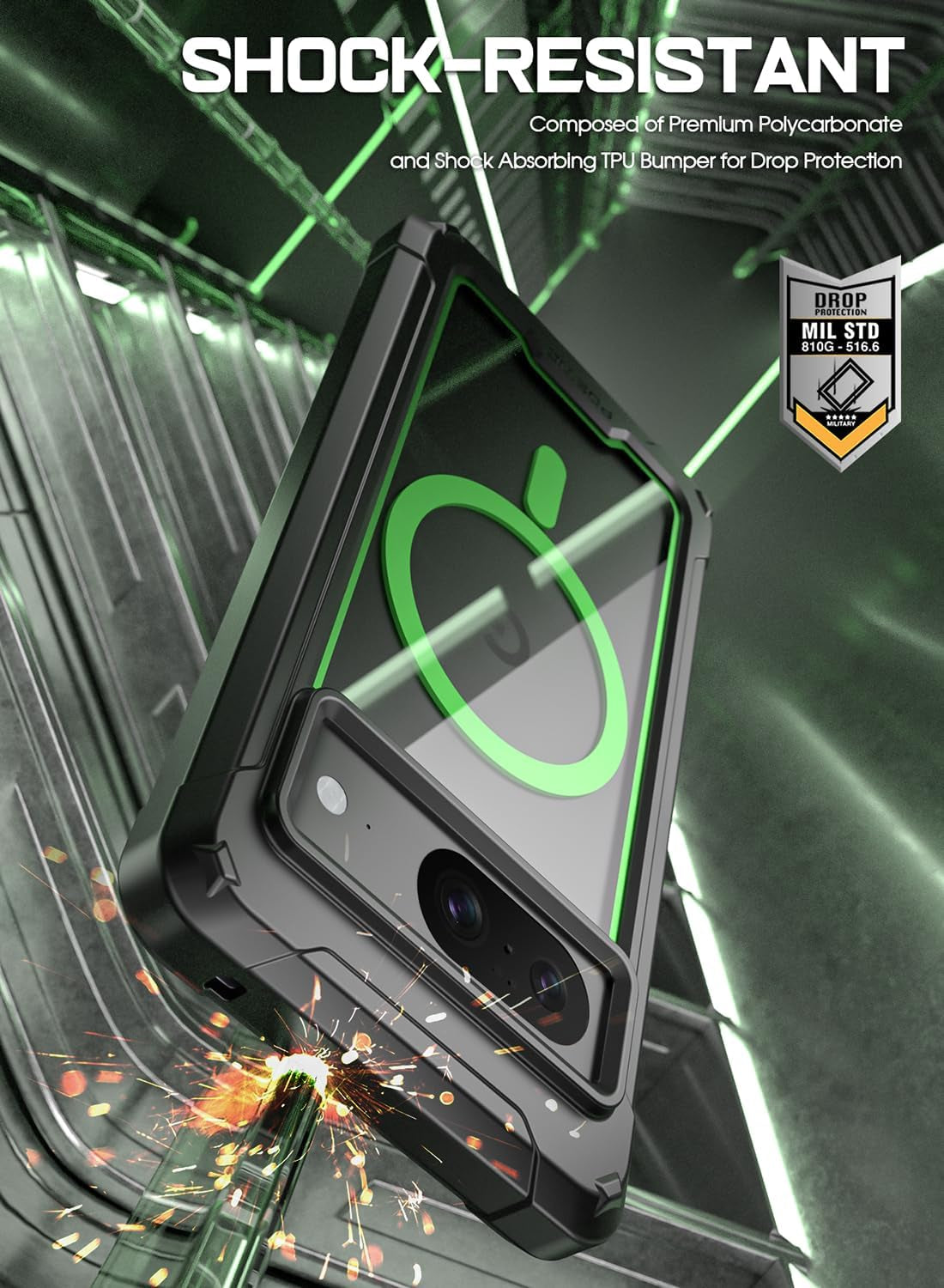 Poetic Guardian Magpro Case for Google Pixel 8 6.2 Inch, [Compatible with Magsafe] [20FT Mil-Grade Drop Tested], Full Body Hybrid Shockproof Bumper Cover with Built-In Screen Protector, Green/Clear  Poetic   