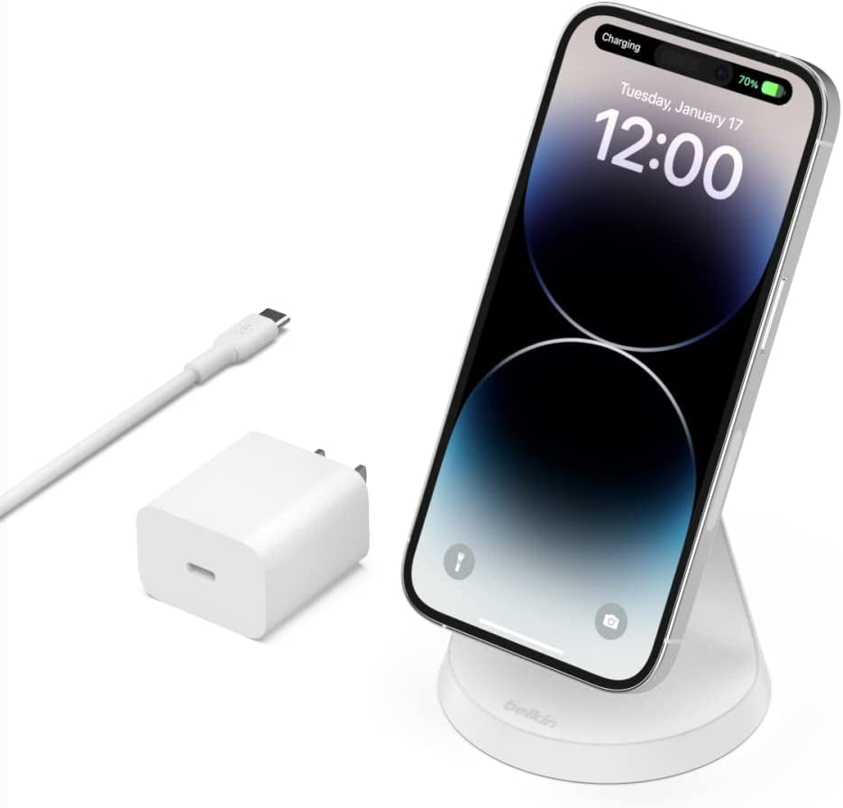Belkin Magnetic Wireless Charger Stand - Magsafe Charger Compatible - Magnetic Iphone Charger - Wireless Charger - Works W/ Apple Iphone 14, Iphone 13 & Iphone 12 - Power Supply Not Included - Black  Belkin White Power Supply Included Wireless Charger