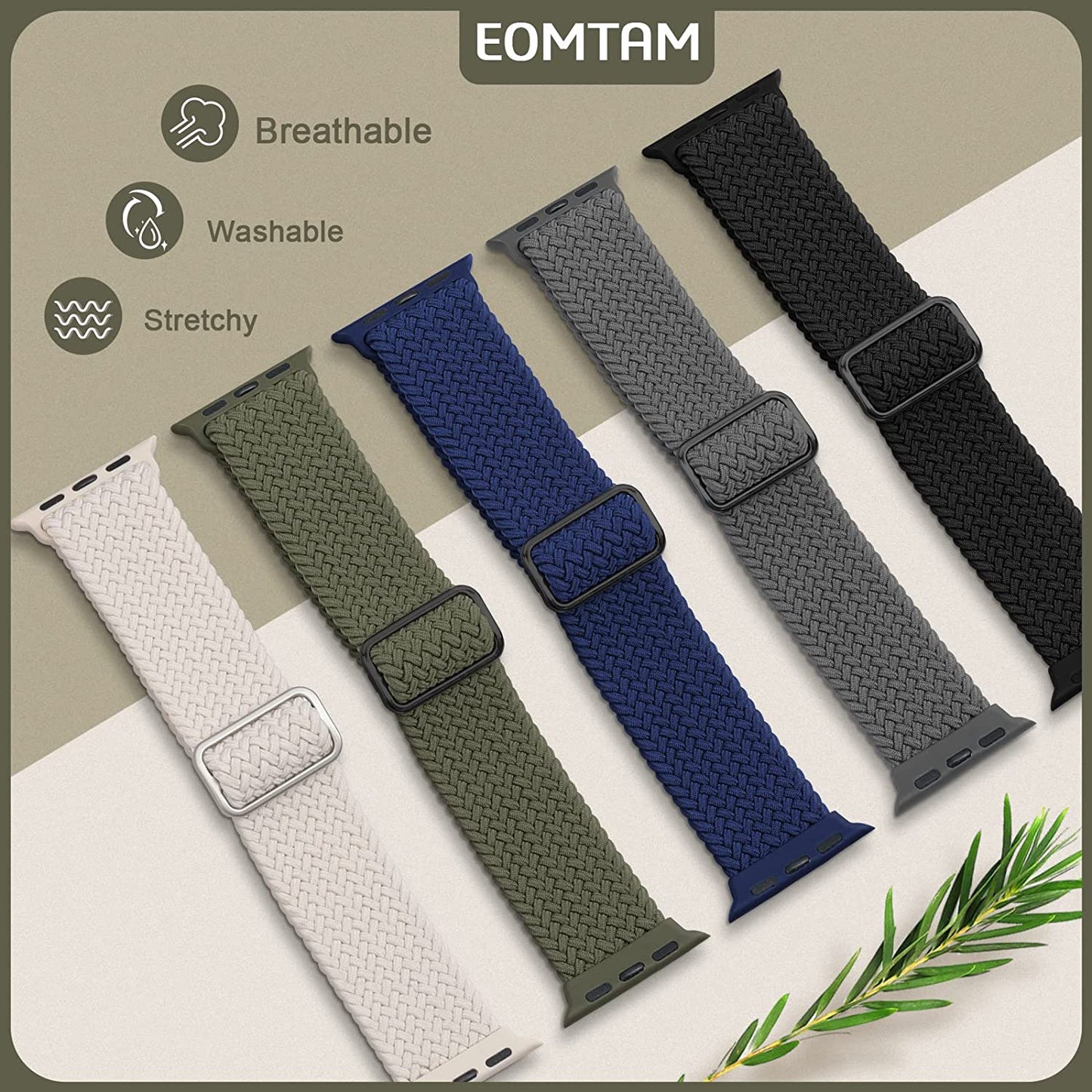 EOMTAM 5 Pack Braided Stretchy Straps Compatible for Apple Watch Band 49Mm 45Mm 44Mm 42Mm 38Mm 40Mm 41Mm Men Women ,Sport Elastic Nylon Cloth Adjustable Wristbands for Iwatch Series Ultra 8 SE 7 6 5 4 3  EOMTAM   
