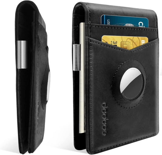Doeboe for Airtag Wallet with Money Clip, Slim Genuine Crazy Horse Leather Credit Card Bifold Wallet Men Women, RFID Minimalist Air Tag Wallet Holder for Apple Air Tag, Airtags Accessories (Black)  doeboe   