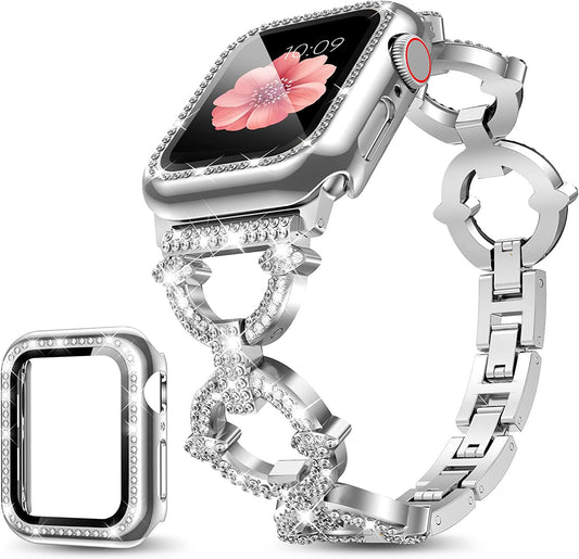 Mesime Compatible with Apple Watch Band 38Mm 40Mm 41Mm 42Mm 44Mm 45Mm , Women Girl Bling Diamond Jewelry Metal Strap Bands with Crystal Tempered Glass Screen Protector Case, round Shiny Bracelet Wristband for Iwatch Series 8/7/6/5/4/3/2/1/SE  Mesime   