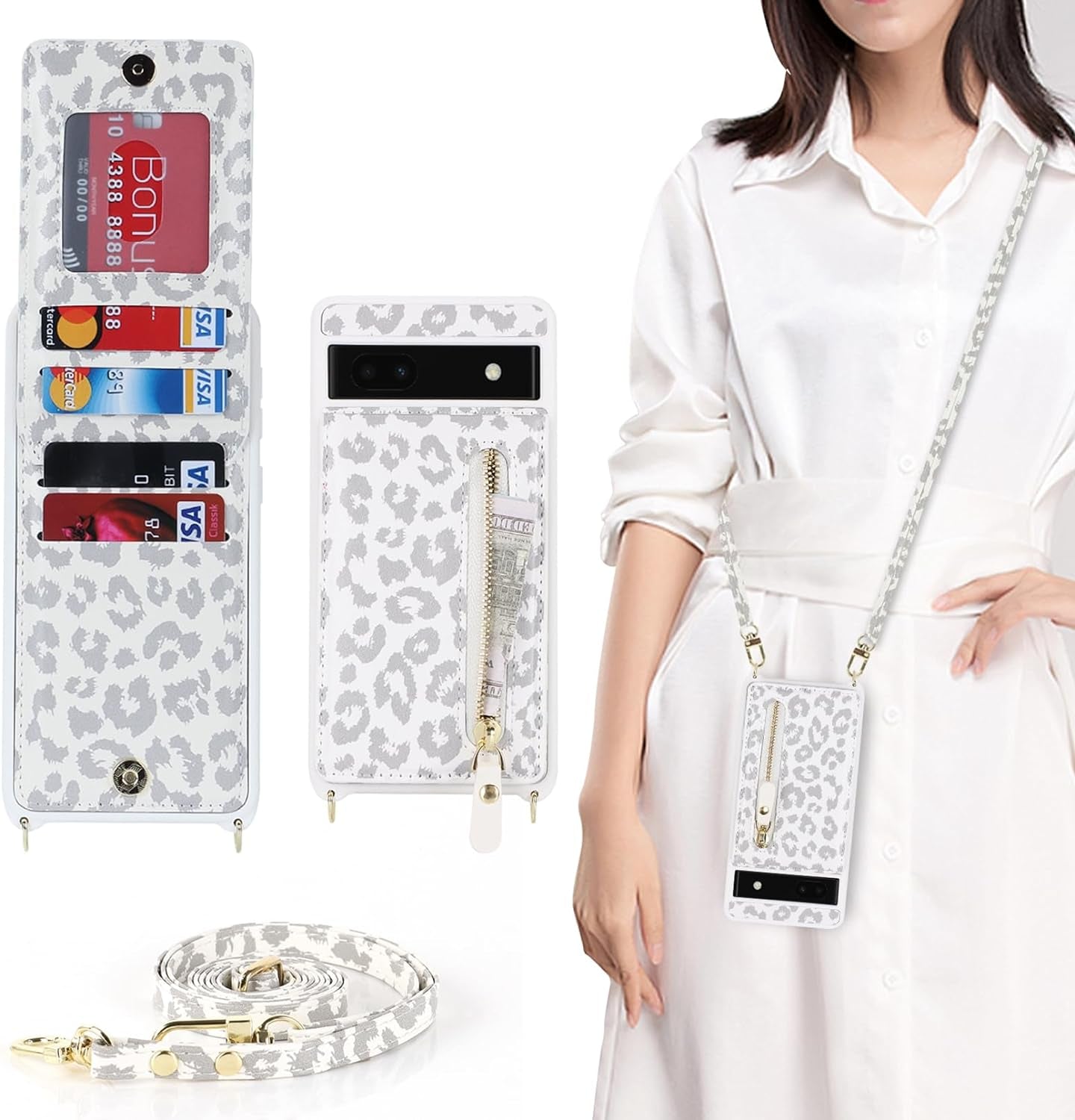 Jaorty Google Pixel 6A Case for Women with Card Holder 6.1" 5G 2022,Google Pixel 6A Phone Case with Strap,Crossbody Lanyard Cases with Credit Card Slots with Stand,Burgundy  Jaorty A-Style 2 - White Leopard  