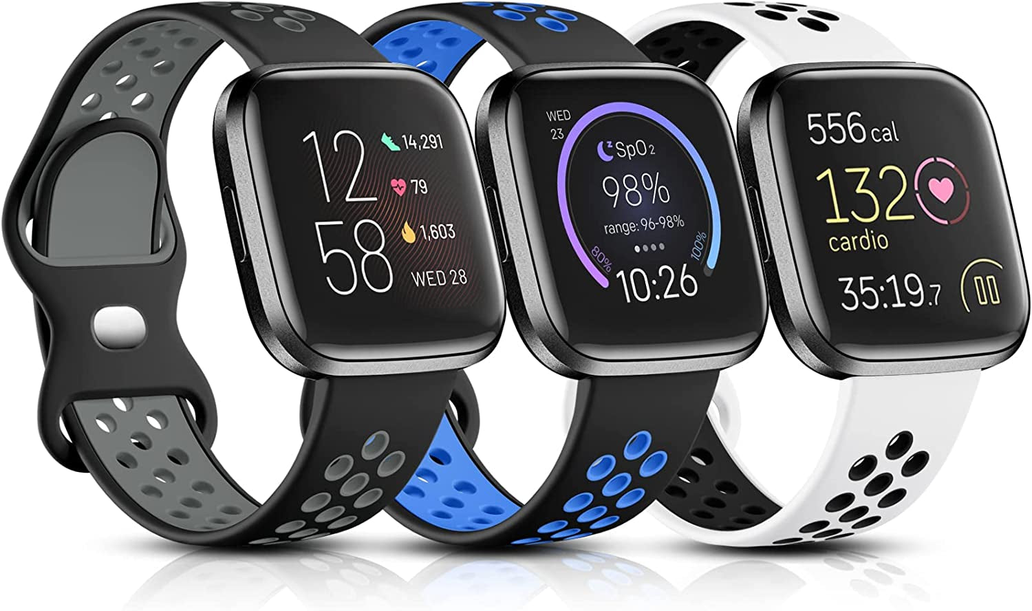 Witzon Sport Bands Compatible with Fitbit Versa 2 / Versa / Versa Lite for Women Men, Breathable Silicone Replacement Wristbands for Versa 2 Smartwatch, Small, Black-Gray/Black-Red/Black-Blue  Witzon Black Gray/White Black/Black Blue Small 