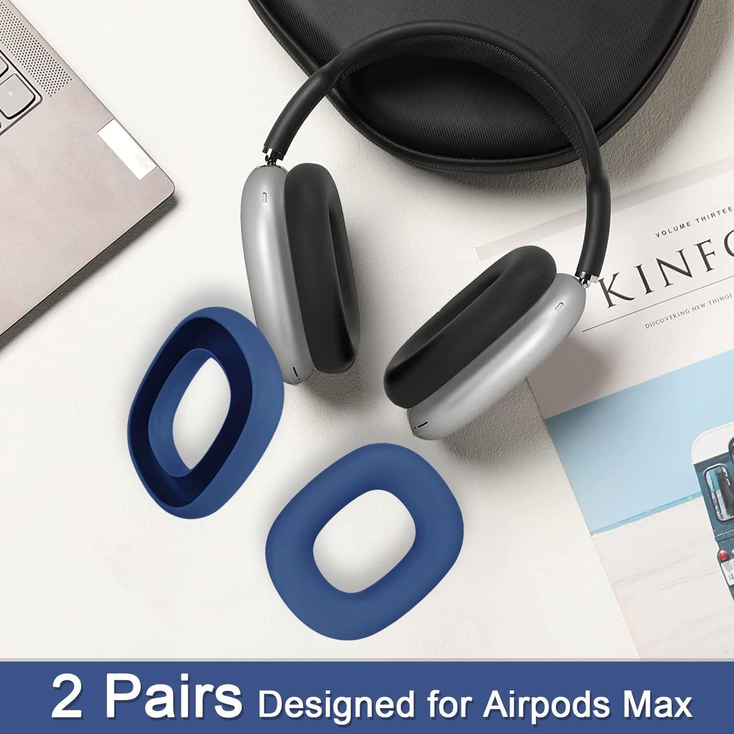 2 Pairs Ear Cushion Cover for Airpods Max, AKWOR Silicone Ear Pad Case Compatible with Airpods Max Headphones Cushions, Dirt-Resistant, Sweat-Proof and Washable(Blue and Black)  AKWOR   