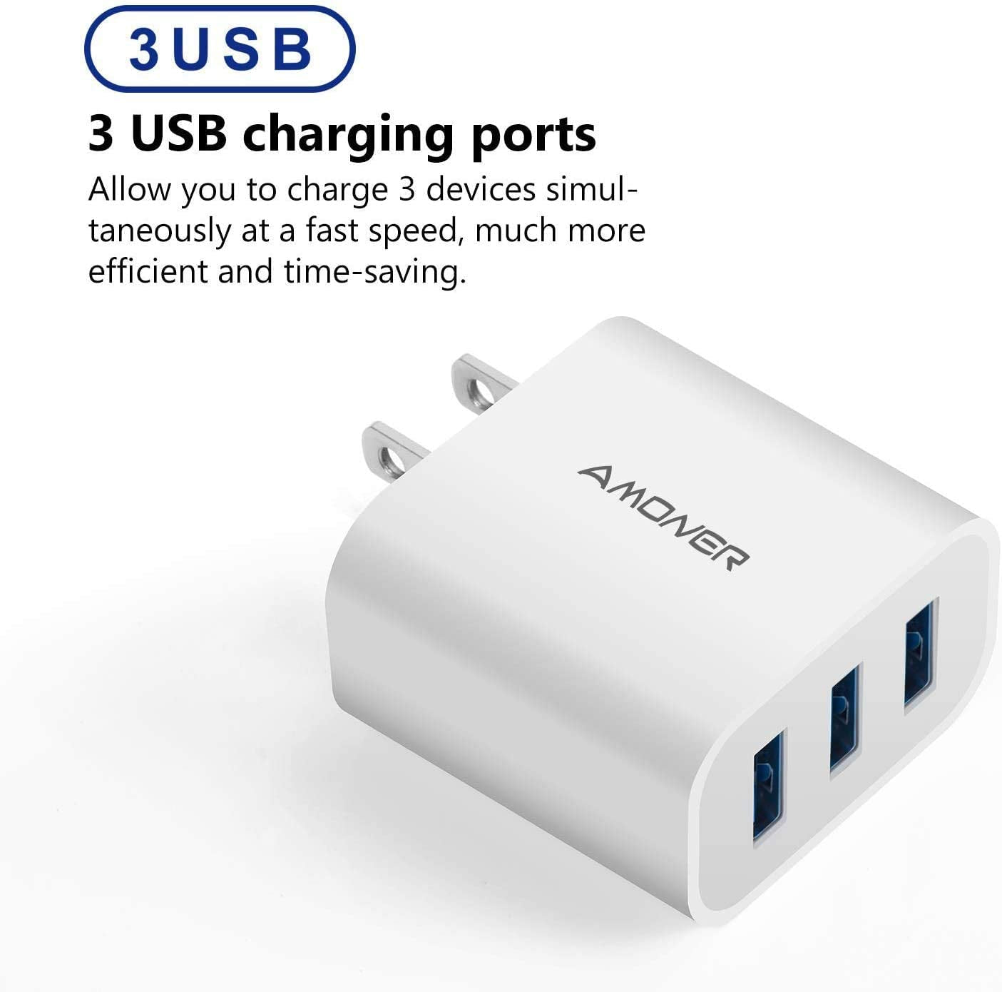 USB Wall Charger, Amoner 2Pack 15W 3-Port USB Plug Cube USB Cube Power Adapter for Iphone 14/13/12/11/Pro/Promax/Xs/Xr/X/8, Galaxy S22 S21 and More and More  Amoner   