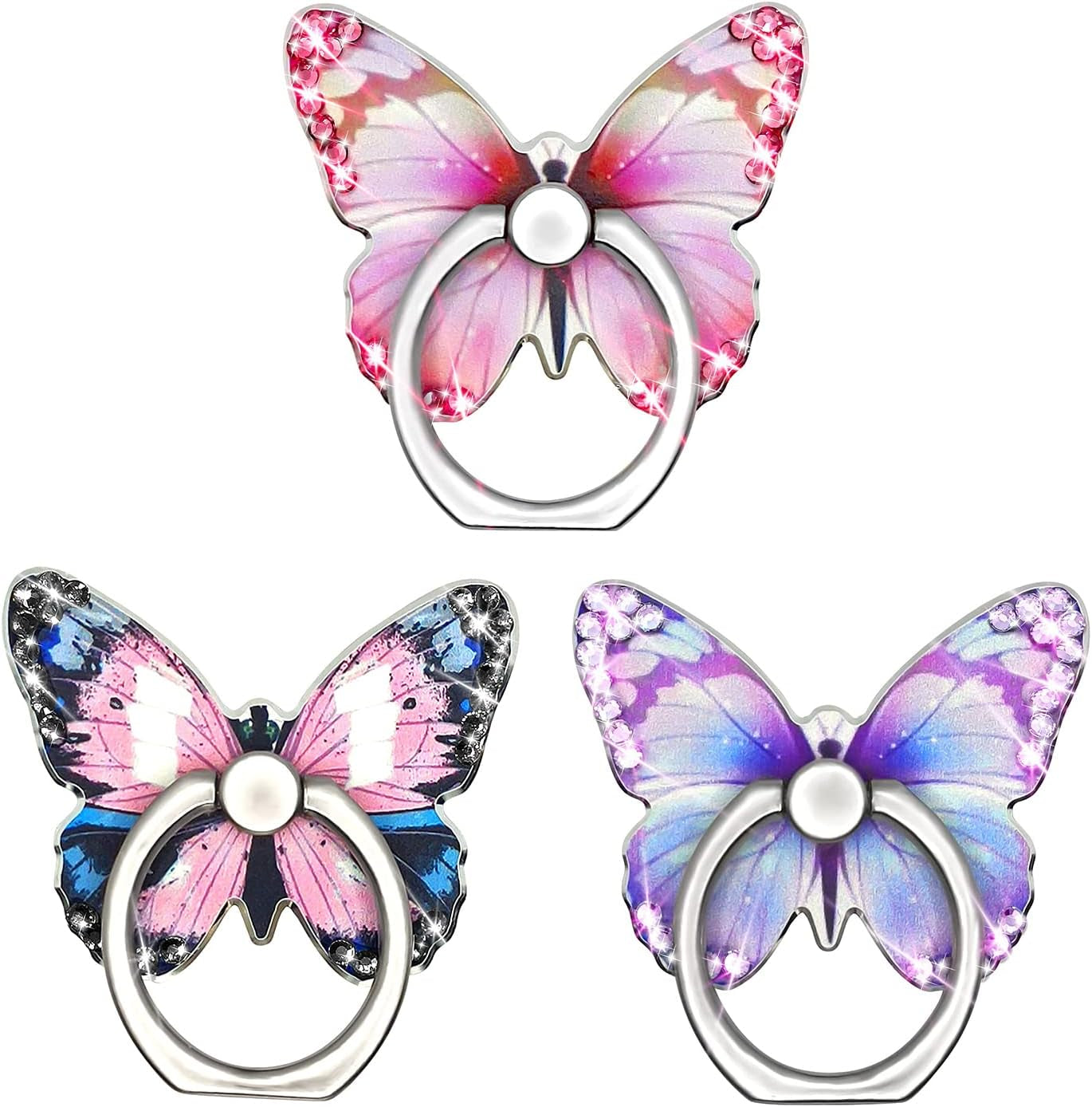 Bling Cute Butterfly Cell Phone Ring Holder with Crystal Rhinestone 360°Rotation Metal Finger Stand Kickstand Universal Compatible with Iphone Samsung Galaxy LG Google Ipad 2 Pack（Purple & Pink）  Walaivgne rose red+purple+blue  