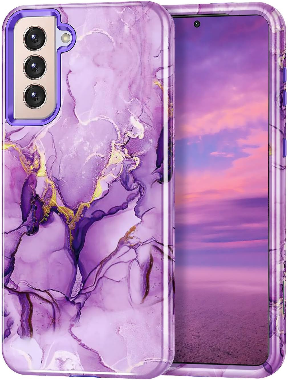 Lamcase for Galaxy S21 plus 5G Case, Heavy Duty Shockproof Hybrid Hard PC Soft TPU Bumper Three Layer Drop Protection Anti-Fall Cover for Samsung Galaxy S21+/S21 plus 5G 6.7 Inch, Blue Gilt  Lamcase Purple Marble  