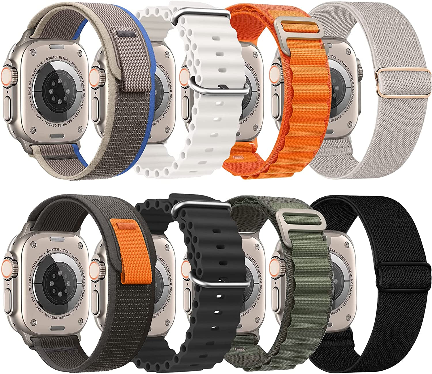 Omee Stretchy Solo Loop Compatible with Apple Watch Band 38Mm 40Mm 41Mm 42Mm 44Mm 45Mm 49Mm, Breathable Trail Loop+Alpine Loop+Ocean Band for Iwatch Serie 8 Ultra 7 6 SE 5 4 3 2 1, 8 Pack  omee   