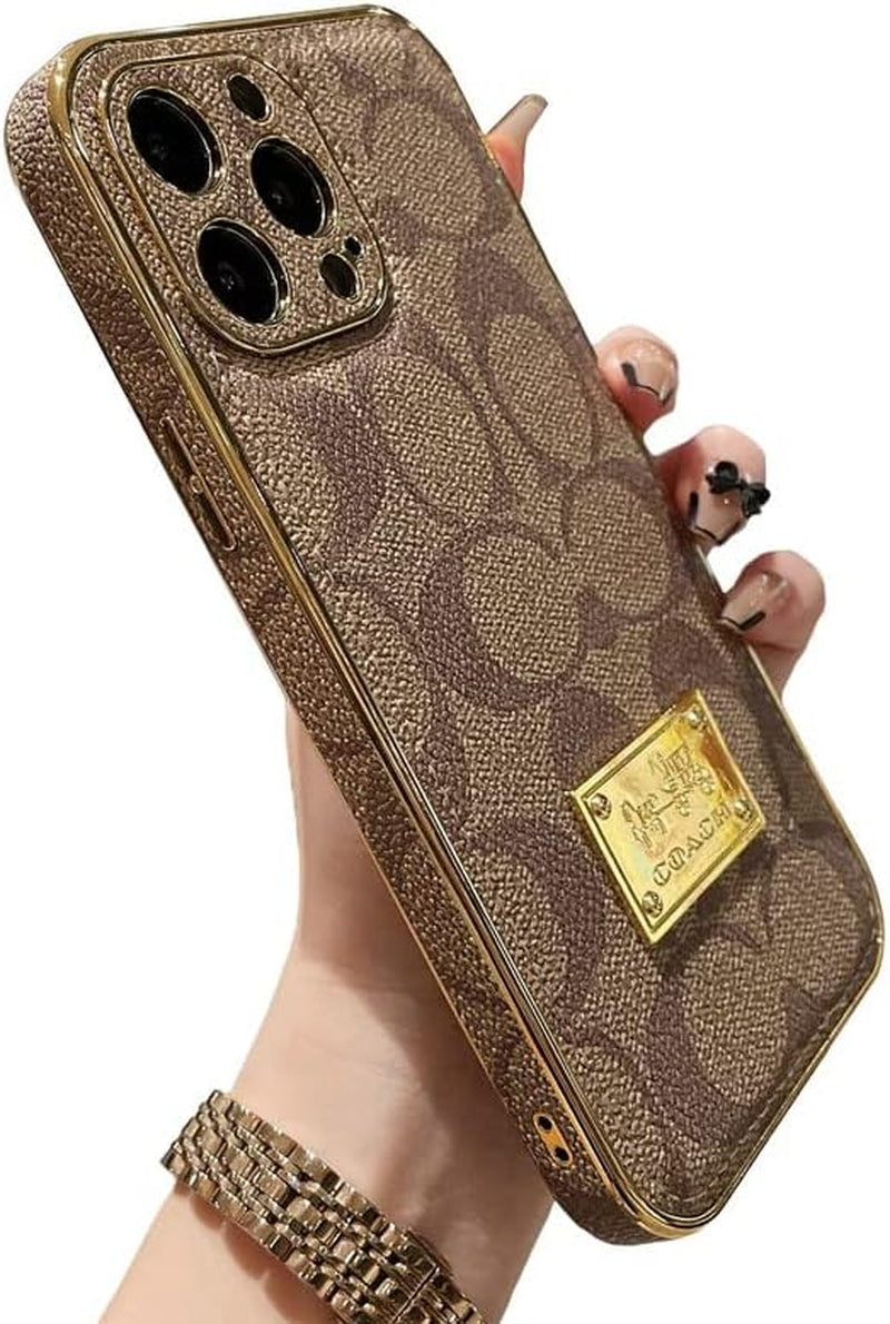Designer Iphone 14 plus Case for Women Luxury 6.7 Inch, Leather Back Edge with Plate Gold Rim Classic Pattern Bling Glitter Nameplate Camera Protection Cover, Non Slip Shockproof Protective, Khaki  JIUDUIDODO Khaki For Iphone 14 Pro 