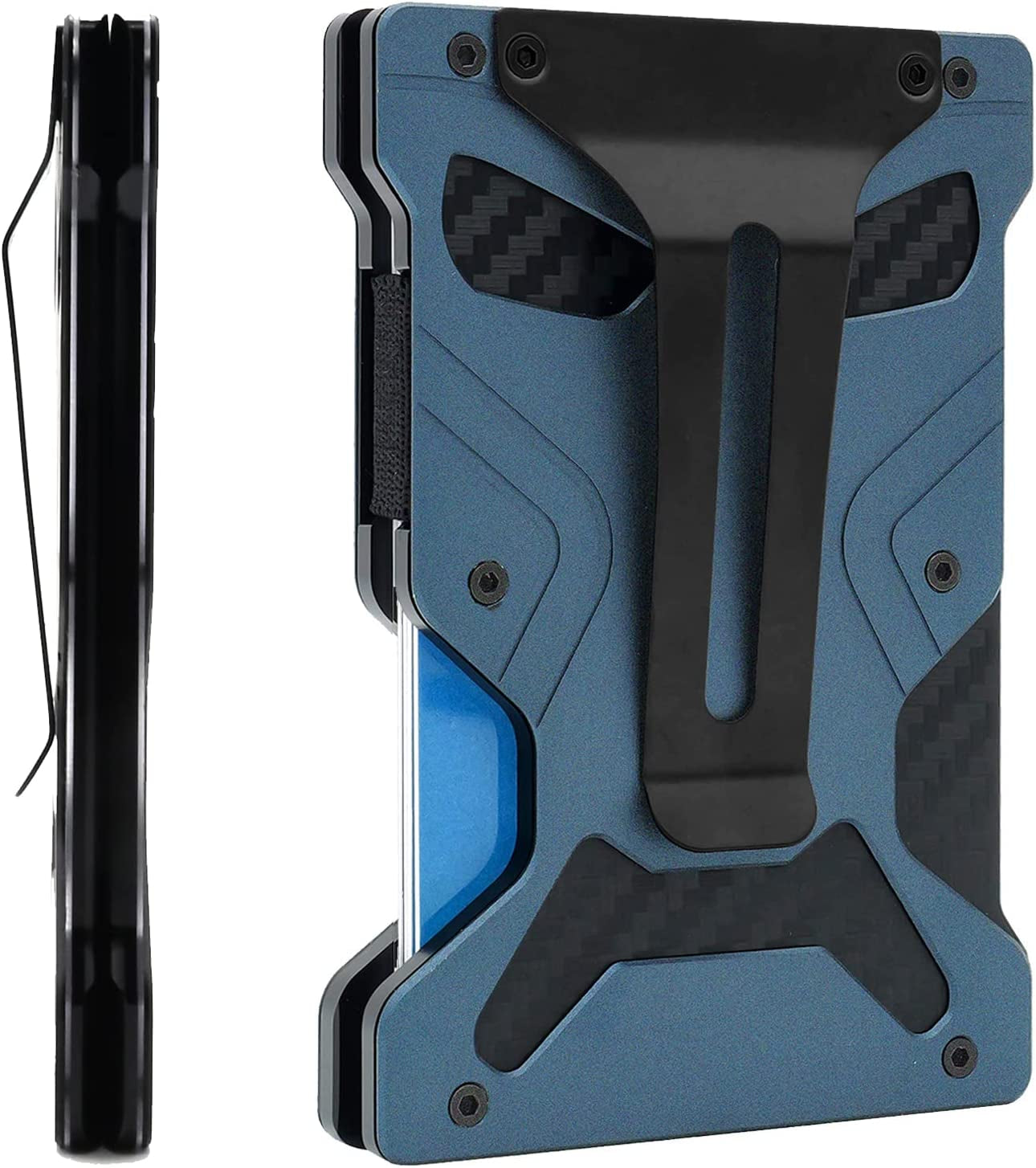 Ahtai Carbon Fiber Wallet for Men - Minimalist Wallet with Cash Strap - Slim Money Clip Metal Wallet - RFID Blocking Mens Wallet with Gift Box - Cash Credit Card Holder  AhTai Aluminum in Blue  