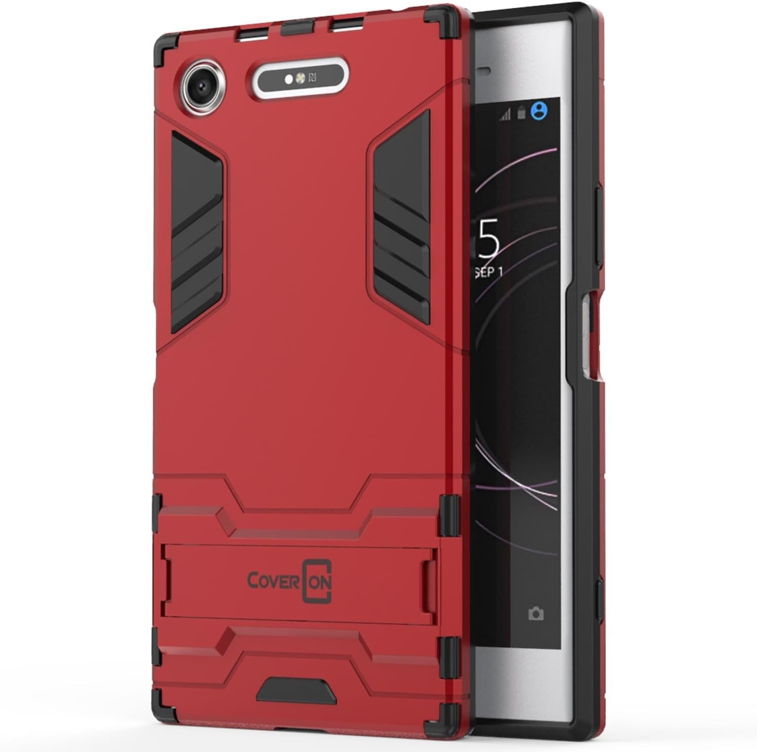Sony Xperia XZ1 Case, Coveron Shadow Armor Series Modern Style Slim Hard Hybrid Phone Cover with Kickstand Case for Sony Xperia XZ1 - Red  CoverON   