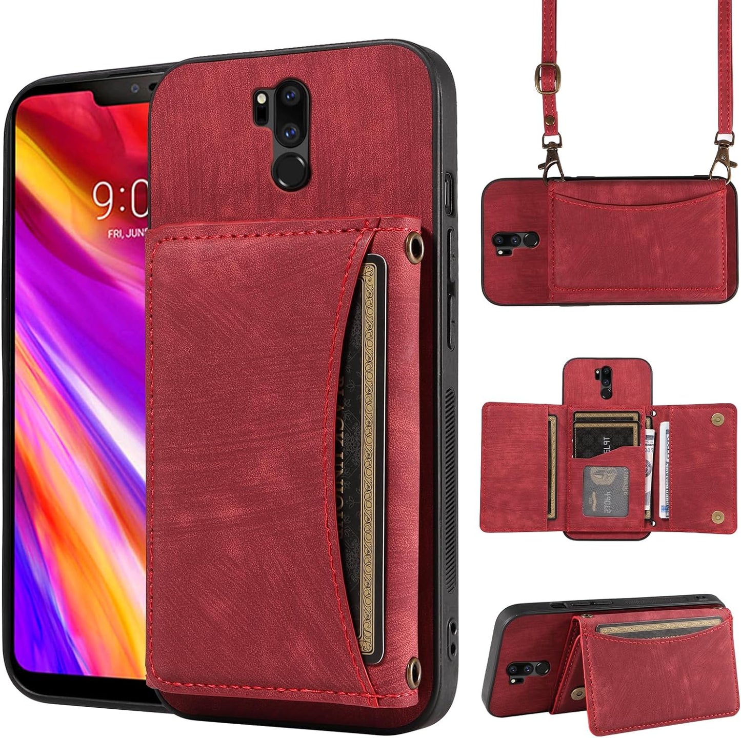 Phone Case for LG G7 Thinq Wallet Cover with Crossbody Shoulder Strap and Leather Credit Card Holder Pocket Slim Stand LGG7 One G 7 plus LG7 Fit Lg7Thinq 7G Thin Q G7+ G7Thinq Lgg7Thinq Girls Red  Dswteny   