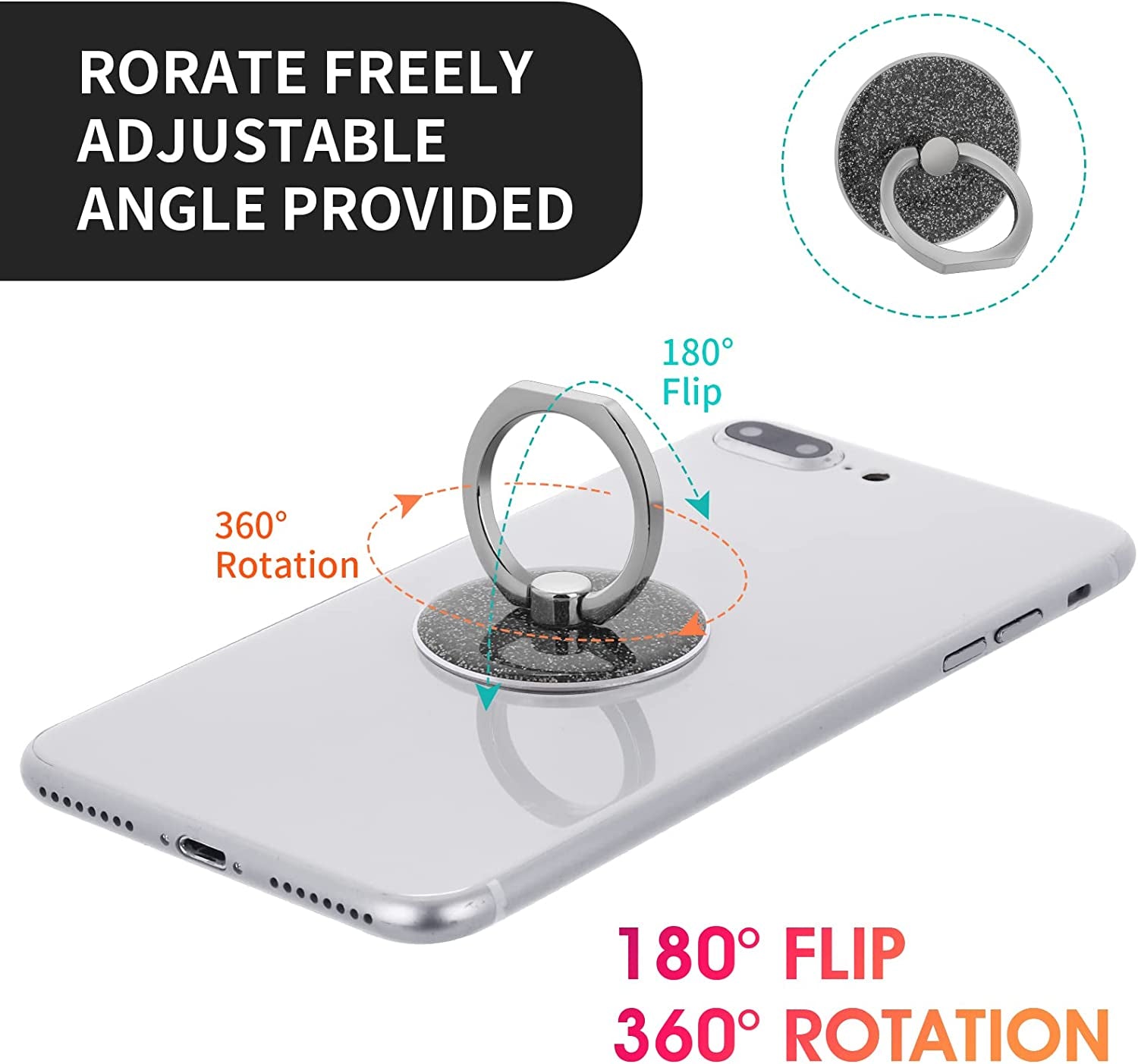 Cobee Glitter Bling Cell Phone Ring Holders, 2 Pcs Sparkle Bling Finger Kickstand round Glitter Finger Mount 180/360 Degree Rotation Cell Phone Finger Holder Ring Grip for Women/Girls(Silver)  cobee   