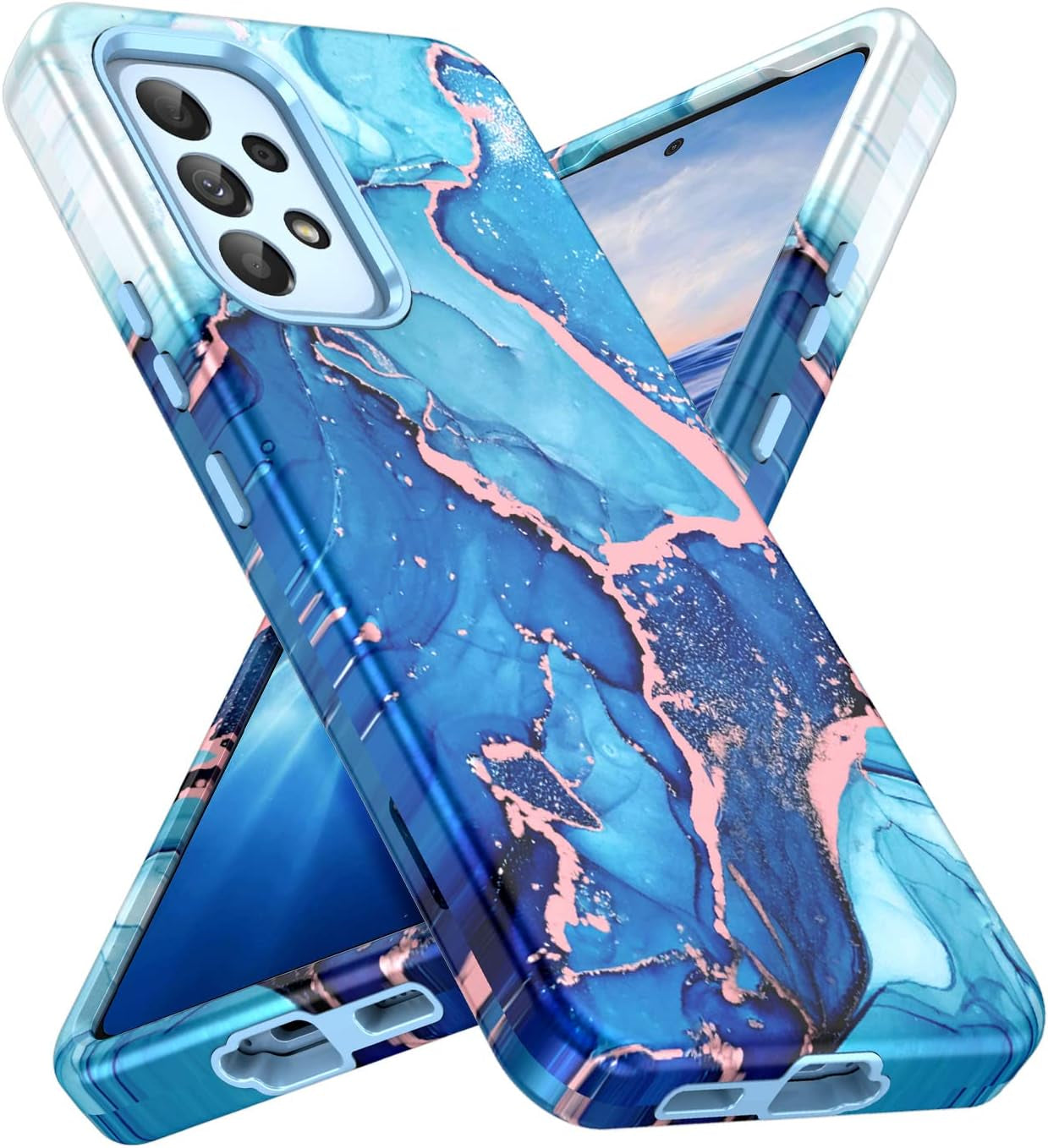 Hekodonk for Samsung Galaxy A53 5G Case,Heavy Duty Full Body Shockproof Drop Rugged Protection 3 in 1 TPU+PC Slim Marble Phone Case Dustproof Anti-Scratch Cover for Galaxy A53 5G Pink Blue Marble  Hekodonk Light Blue Marble  