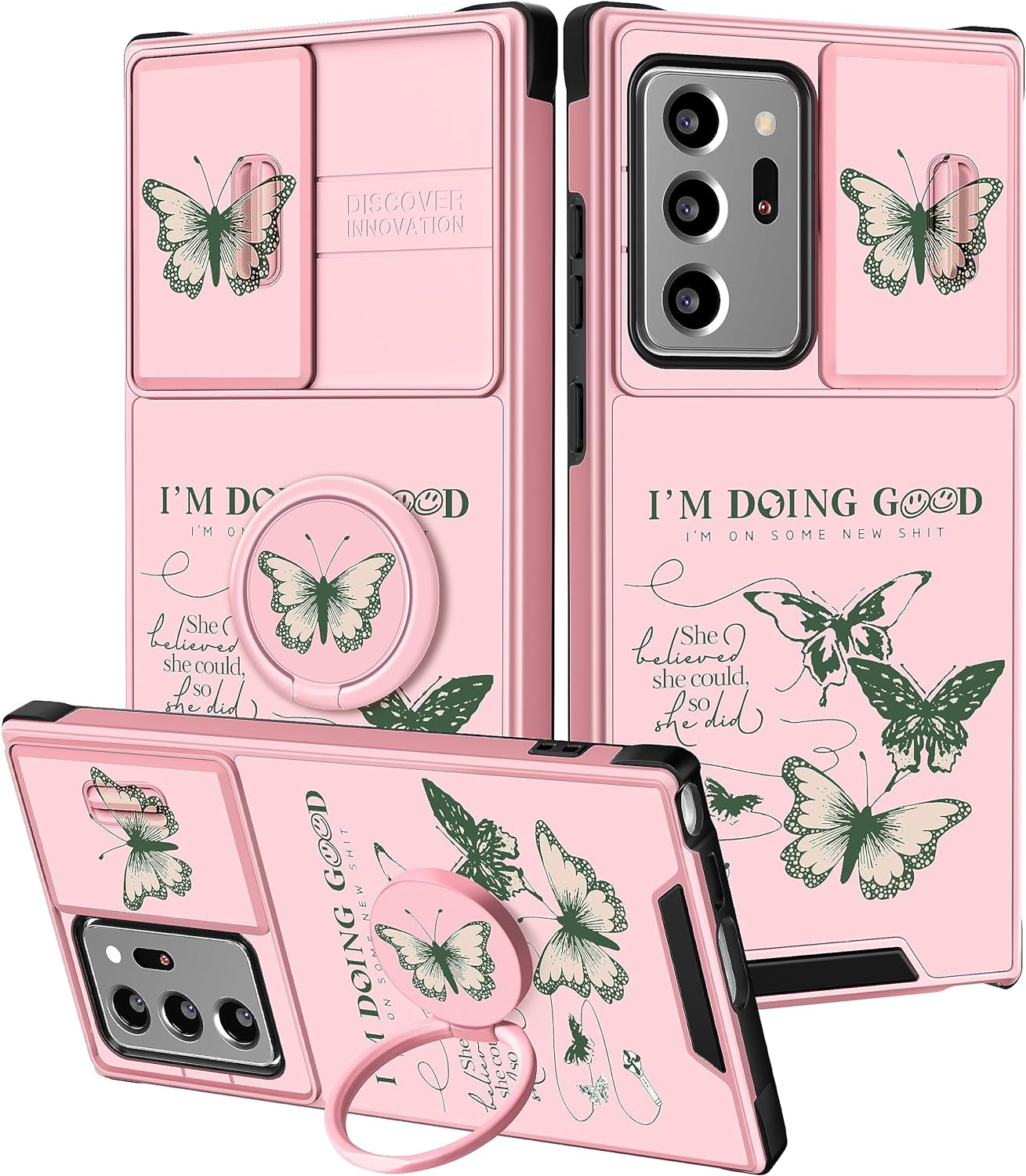 Funermei (2In1 for Samsung Galaxy Note 20 Ultra Case for Women Cute Girls Phone Cover Butterfly Girly Aesthetic Purple Butterfly Design with Camera Cover+Ring Funda for Galaxy Note 20 Ultra Case 5G  Funermei 1-Green Butterfly  