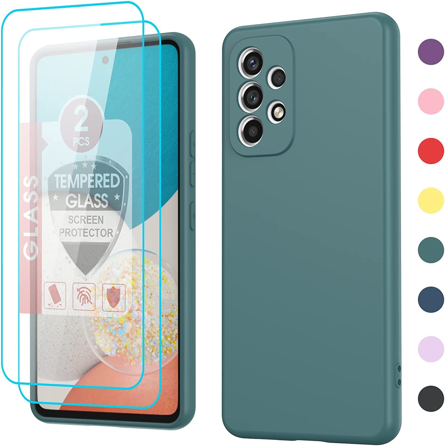 Leyi for Galaxy A53 Case, Case for Galaxy A53 5G with [2 Pack] Tempered Glass Screen Protector, Liquid Silicone Soft Microfiber Liner Cover Phone Case Samsung A53 5G, Orange  LeYi Green  