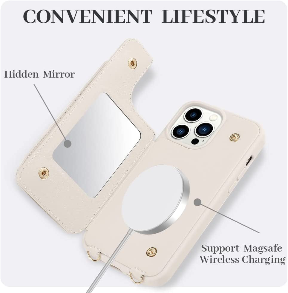 LAMEEKU Magsafe Wallet Case Compatible with Iphone 13 Pro Max with Crossbody, Leather Case with Card Holder 360°Rotation Ring Kickstand Cover with Mirror Designed for Iphone 13 Pro Max 6.7'' Beige  LAMEEKU   