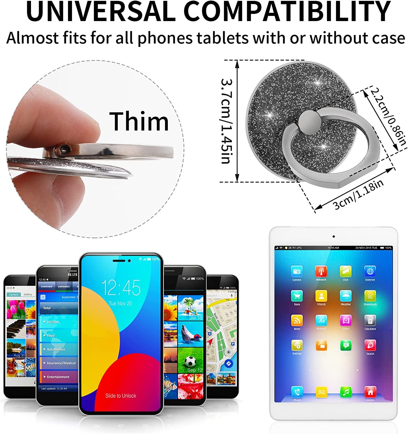 Cobee Glitter Bling Cell Phone Ring Holders, 2 Pcs Sparkle Bling Finger Kickstand round Glitter Finger Mount 180/360 Degree Rotation Cell Phone Finger Holder Ring Grip for Women/Girls(Silver)  cobee   