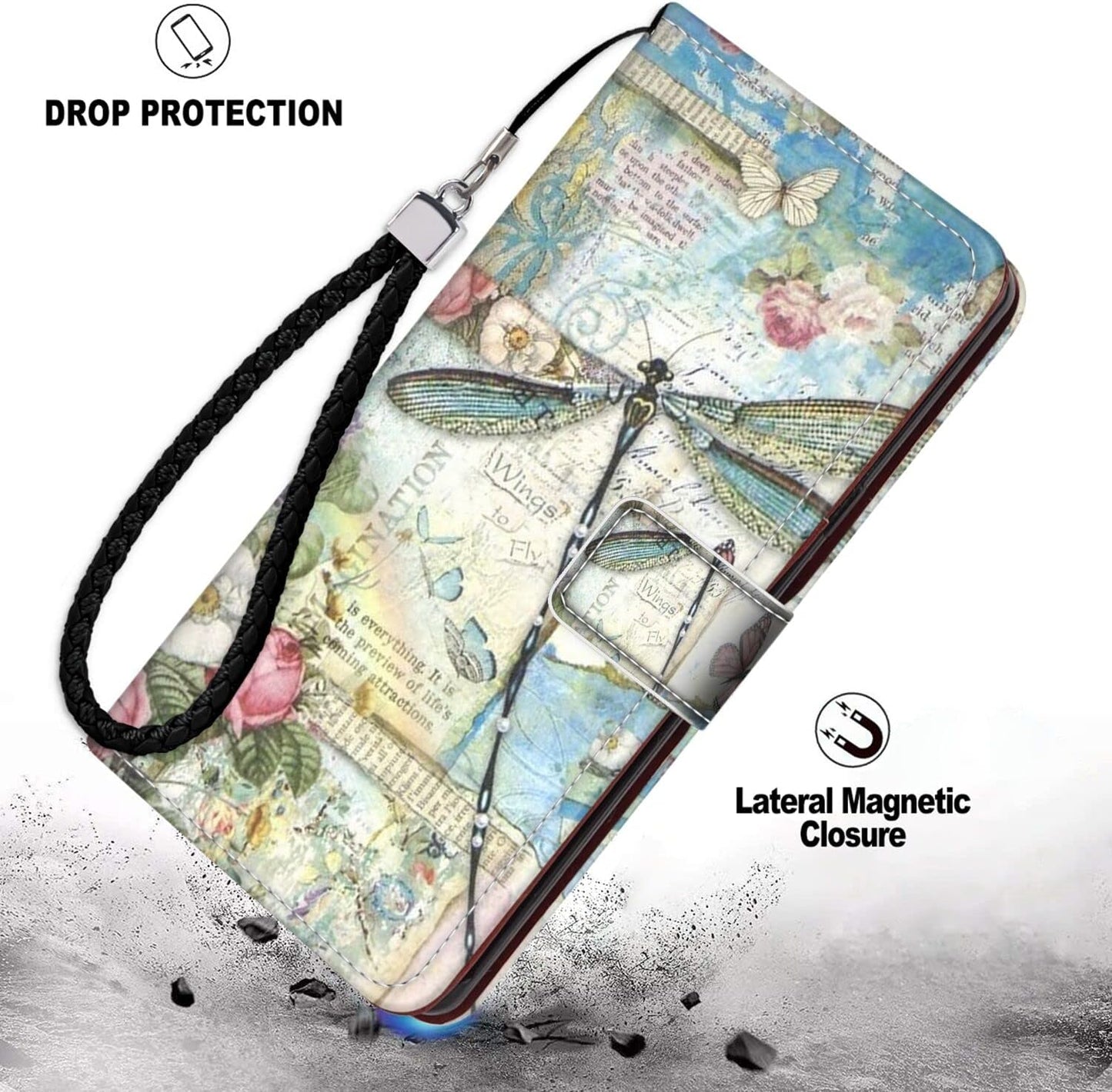 For LG G8 Thinq, Wallet Case Dragonfly Butterfly Phone Case Fit LG G8 Thinq 6.1 Inch Soft PU Leather Shockproof Flip Cover Card Slot with Wristbands for Women  Daobubu   