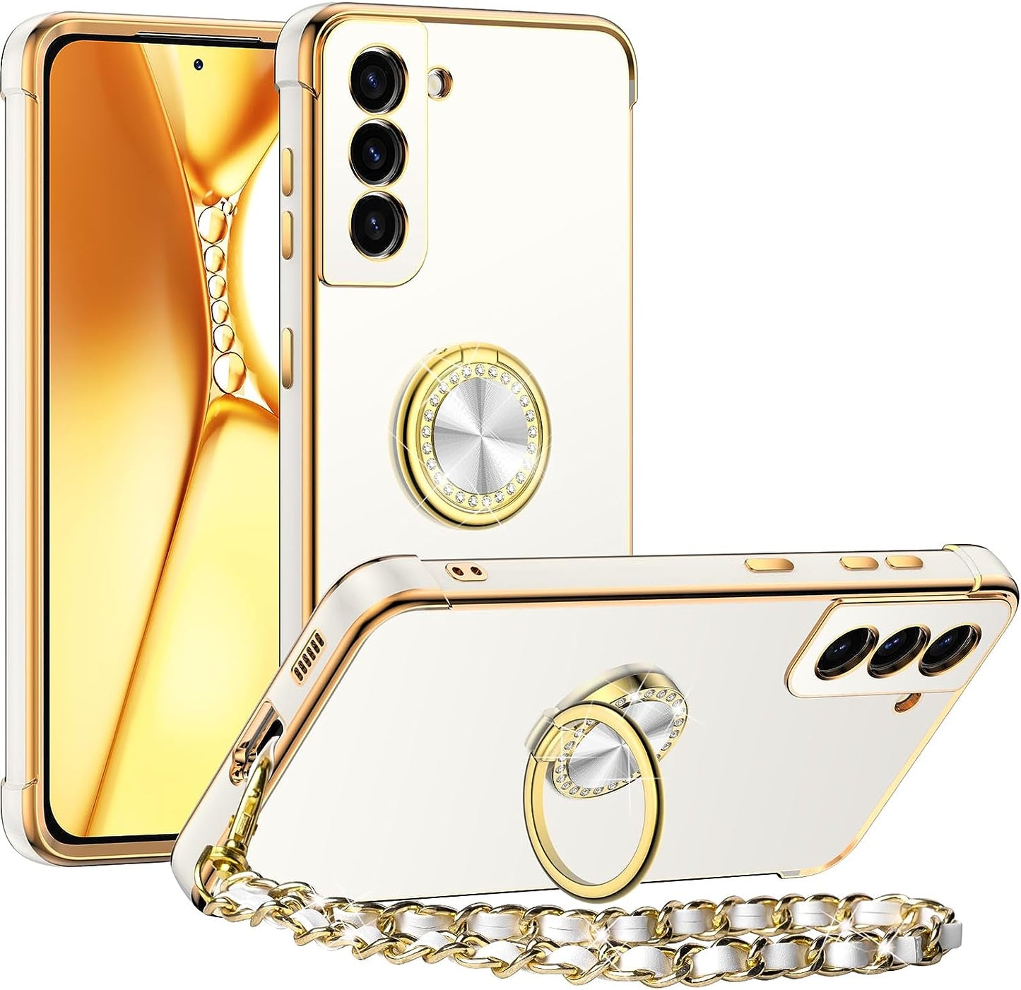 Miss Arts for Samsung Galaxy S21 plus Case, Ring Holder Stand Luxury Bling Electroplated Phone Case with Strap, Cute Soft TPU for Samsung S21 plus Cover for Women Girls, Black  Miss Arts inc White  