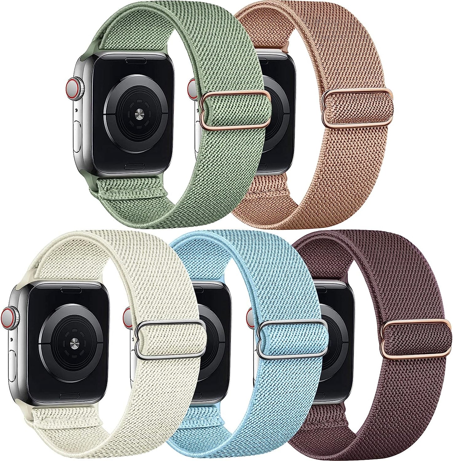 Cangroo 5 Pack Stretchy Nylon Bands Compatible with Apple Watch Band 38Mm 40Mm 41Mm 42Mm 44Mm 45Mm 49Mm for Women Men, Elastic Solo Loop Braided Wristbands for Iwatch SE Ultra Series 8 7 6 5 4 3 2 1  Cangroo Sage Green/Tan-Pink/Starlight/Light Blue/Smoke Violet 42mm/44mm/45mm/49mm 
