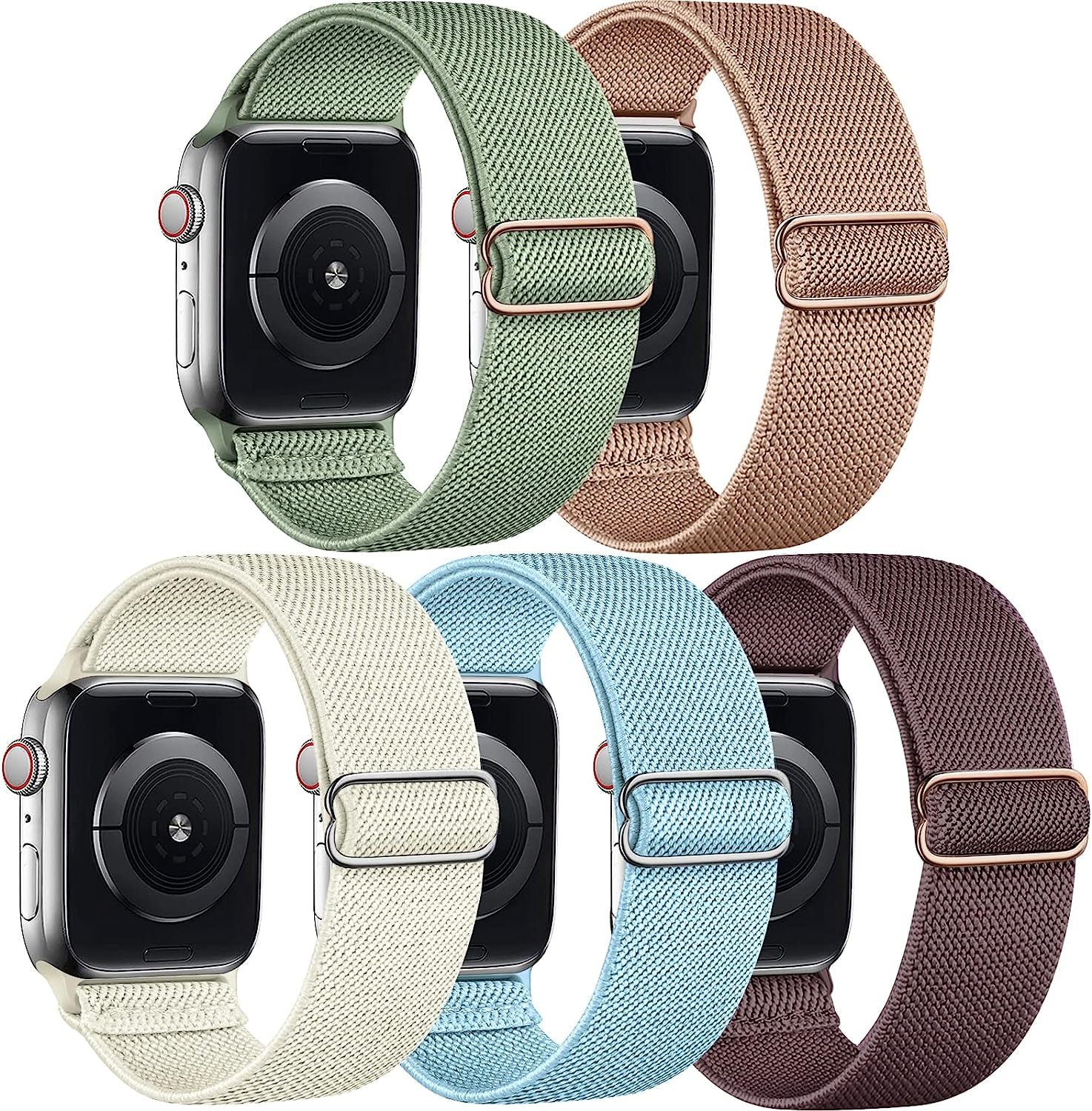 Cangroo 5 Pack Stretchy Nylon Bands Compatible with Apple Watch Band 38Mm 40Mm 41Mm 42Mm 44Mm 45Mm 49Mm for Women Men, Elastic Solo Loop Braided Wristbands for Iwatch SE Ultra Series 8 7 6 5 4 3 2 1  Cangroo Sage Green/Tan-Pink/Starlight/Light Blue/Smoke Violet 42mm/44mm/45mm/49mm 