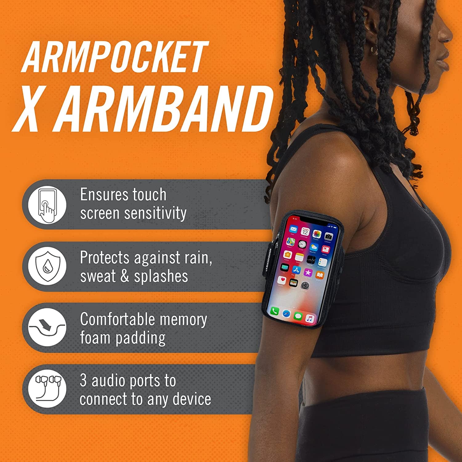 Armpocket X Arm Band, Cell Phone Holder for Walking, Running Phone Holder for Iphone 14, Iphone 11/12/13 Pro, Galaxy S20, Pixel 6A, & Devices without Cases up to 6 Inches, 10 to 15-Inch Black Strap  Armpocket   