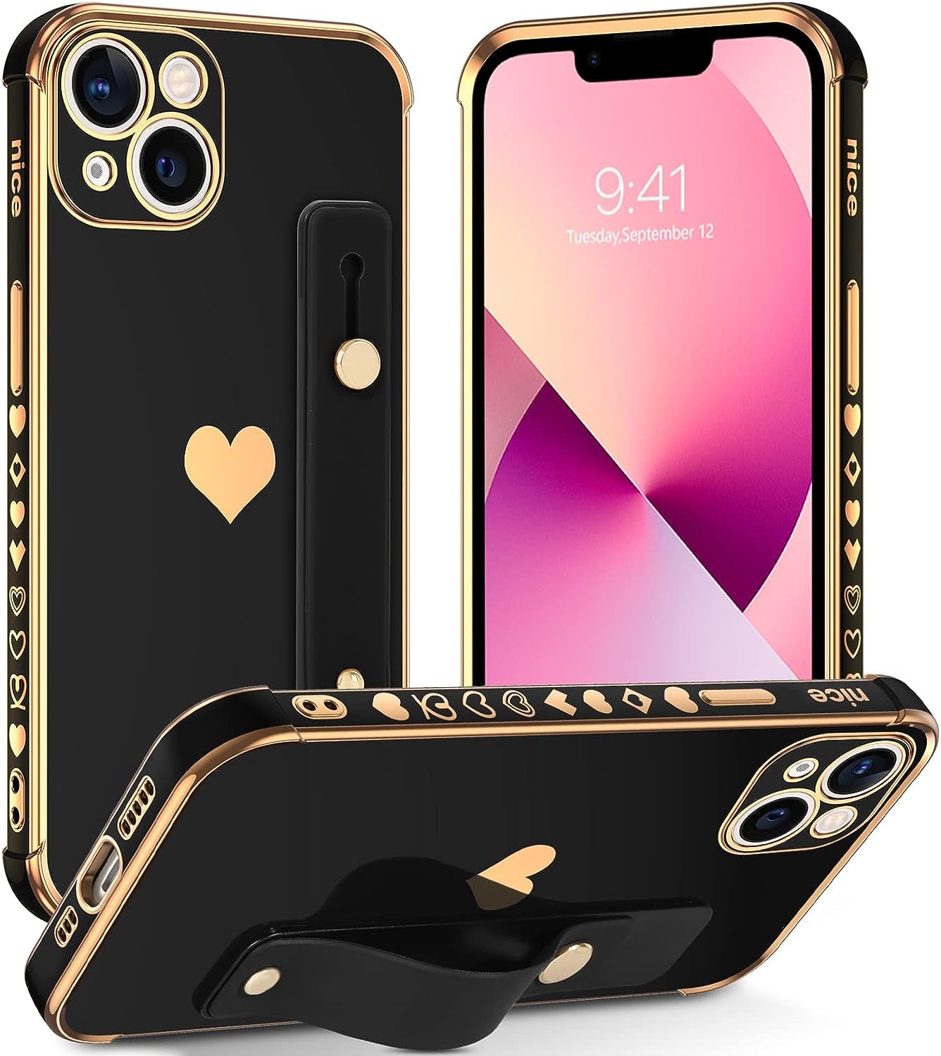 YINLAI Iphone 13 Case, Iphone 13 Cover 6.1 Inch with Finger Loop Holder Wrist Strap Kickstand Hearts Pattern Love Plating Women Girls Slim Fit Soft Shockproof Protective Phone Cases,White  YINLAI Black  