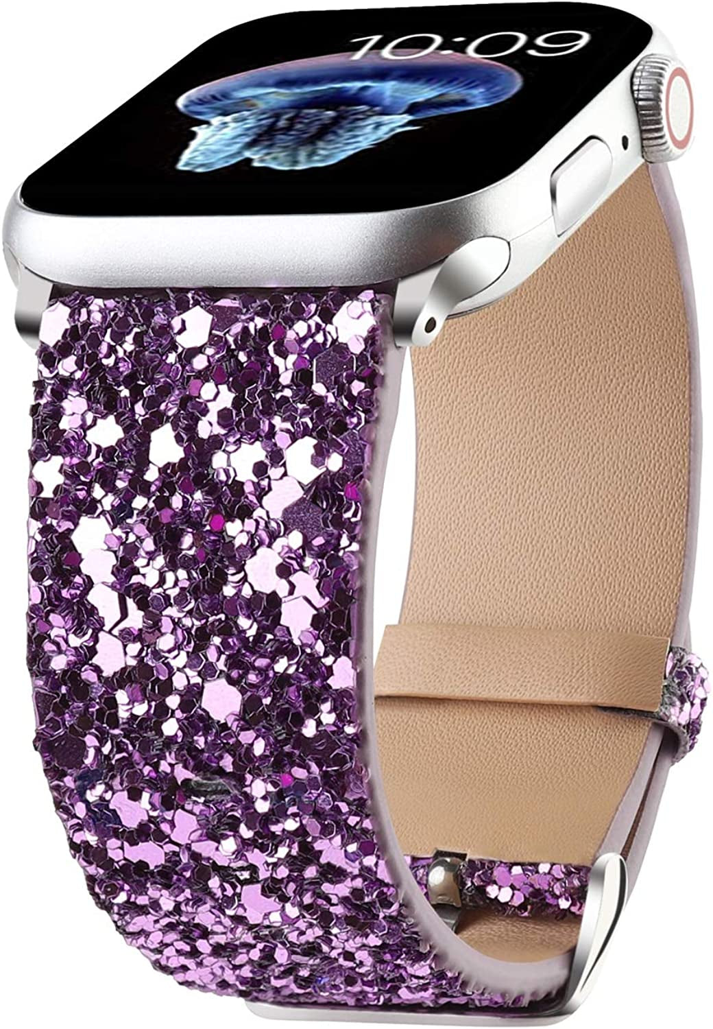 Bling Bands Compatible with Apple Watch Band 38Mm 40Mm 41Mm 42Mm 44Mm 45Mm 49Mm Women, Iwatch Strap Shiny Bling Glitter Leather Wristband for Apple Watch Series 8 7 6 5 4 3 2 1 SE Ultra  JOHIPI Purple 38mm/40mm/41mm 