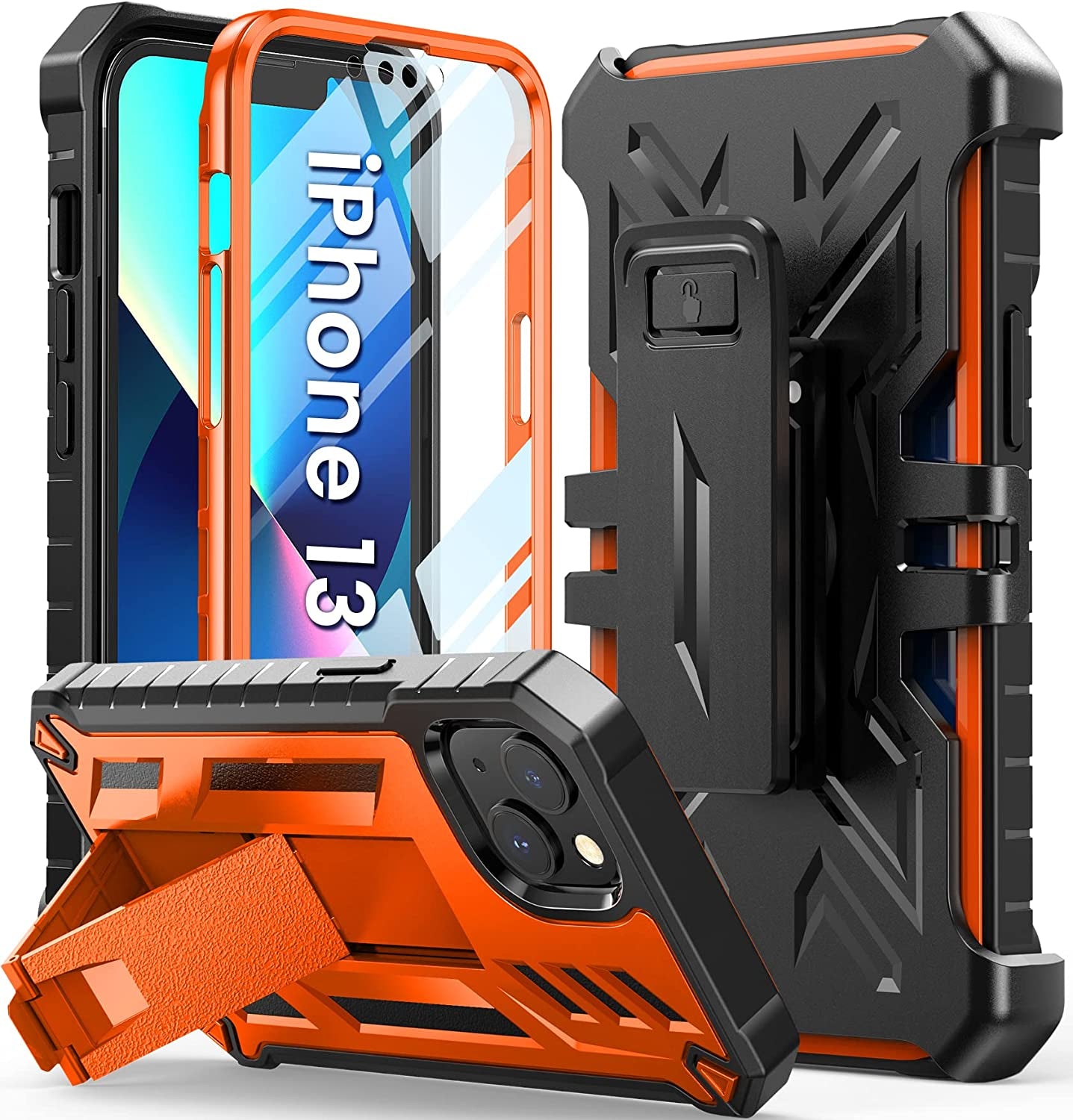 For Iphone 13-14 Case Protective Cover: Heavy Duty Military Grade Hard Protection with Belt Clip | Shock Proof Grip Durable Design Iphone 13 Cell Phone Case with Built-In Kickstand (Belt-Clip Blue)  SOiOS Orange Belt-clip  