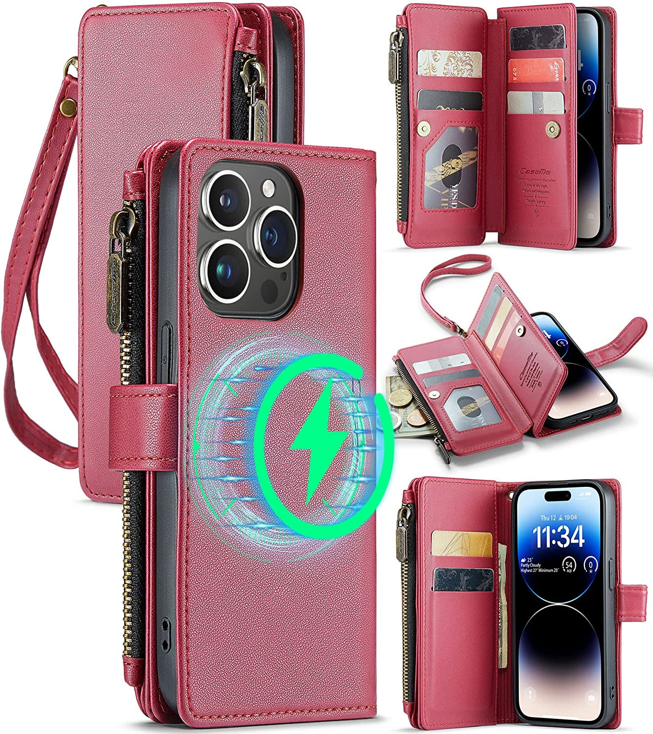 FLIPALM Wallet Case for Iphone 14 Pro(6.1") Flip Case,Compatible with Magsafe Charger,Pu Leather Zipper Protective Lanyard Strap Wristlet Case with Magnetic Closure and Card Holder Luxury Coffee  FLIPALM Rose Red iPhone 14 Pro 