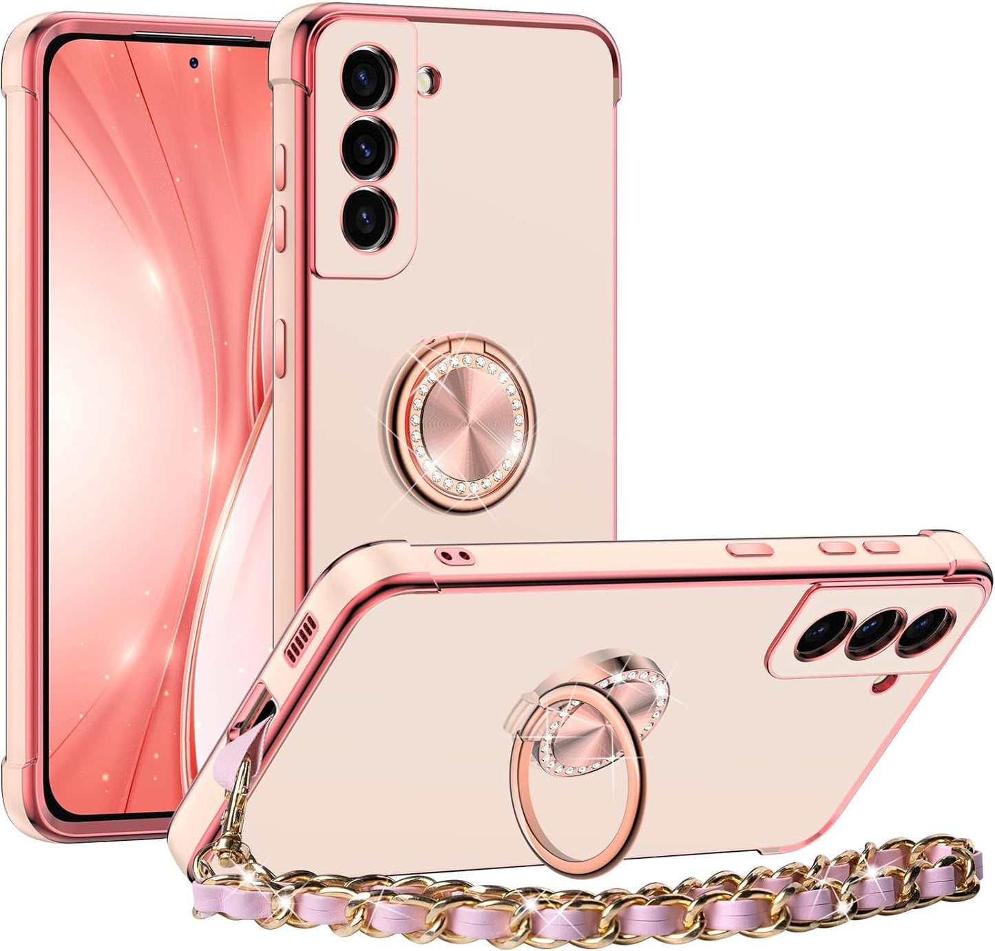 Miss Arts for Samsung Galaxy S21 plus Case, Ring Holder Stand Luxury Bling Electroplated Phone Case with Strap, Cute Soft TPU for Samsung S21 plus Cover for Women Girls, Black  Miss Arts inc Pink  
