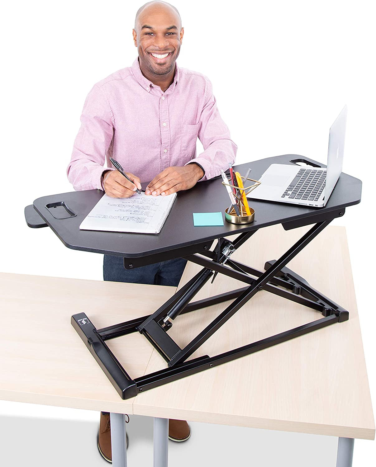 Flexpro Hero Corner Standing Desk Converter 37 Inch | Great for Cubicles & L-Shaped Desks | 2 Level Sit to Stand Workspace with Keyboard Shelf & Monitor Riser | Easily Sit or Stand (Black / 37 )  Stand Steady   