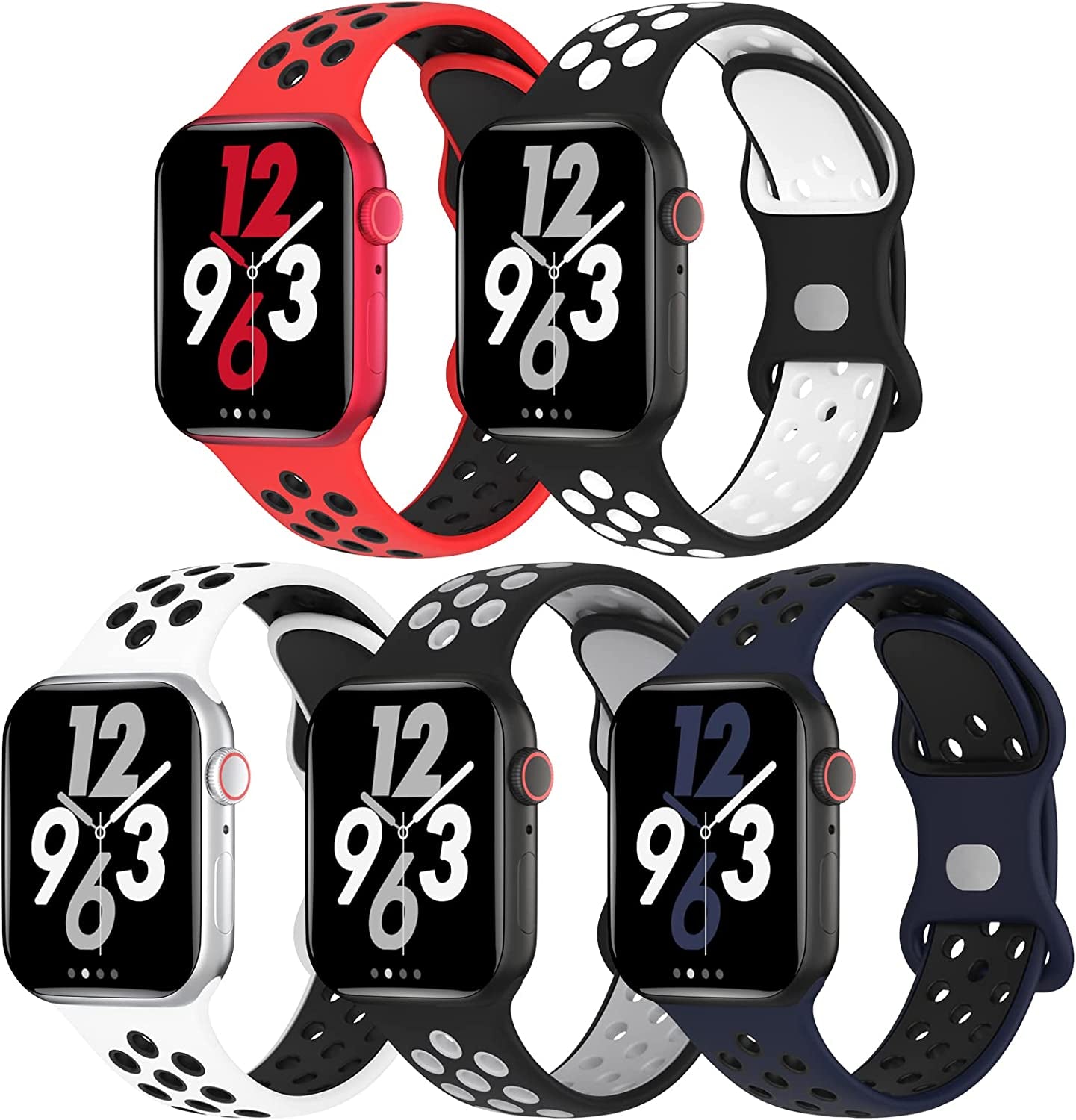 Biudien 5 Pack Sport Bands Compatible with Apple Watch Band 49Mm 45Mm 44Mm 42Mm 41Mm 40Mm 38Mm, Soft Silicone Strap Replacement Breathable Wristband for Iwatch Ultra Series 8 SE 7 6 5 4 3 2 1  Biudien Red Black/Black White/White Black/Black Gray/Midnightblue Black 42/44/45/49mm 